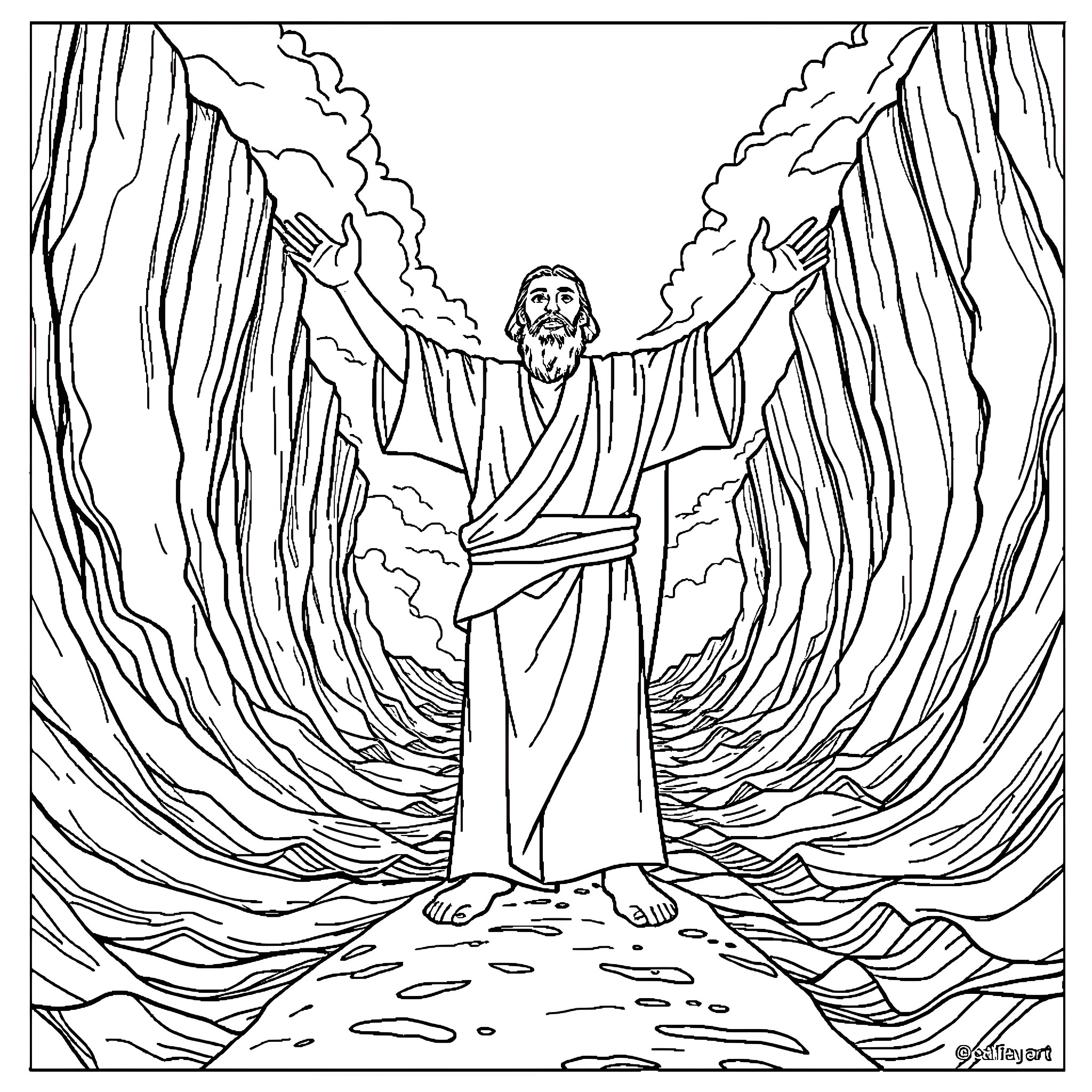 Moses parting the seas with outstretched arms Coloring Page (free black-and-white line drawing printable PDF for all, from beginners to advanced learners, including children, teens, adults, and seniors)
