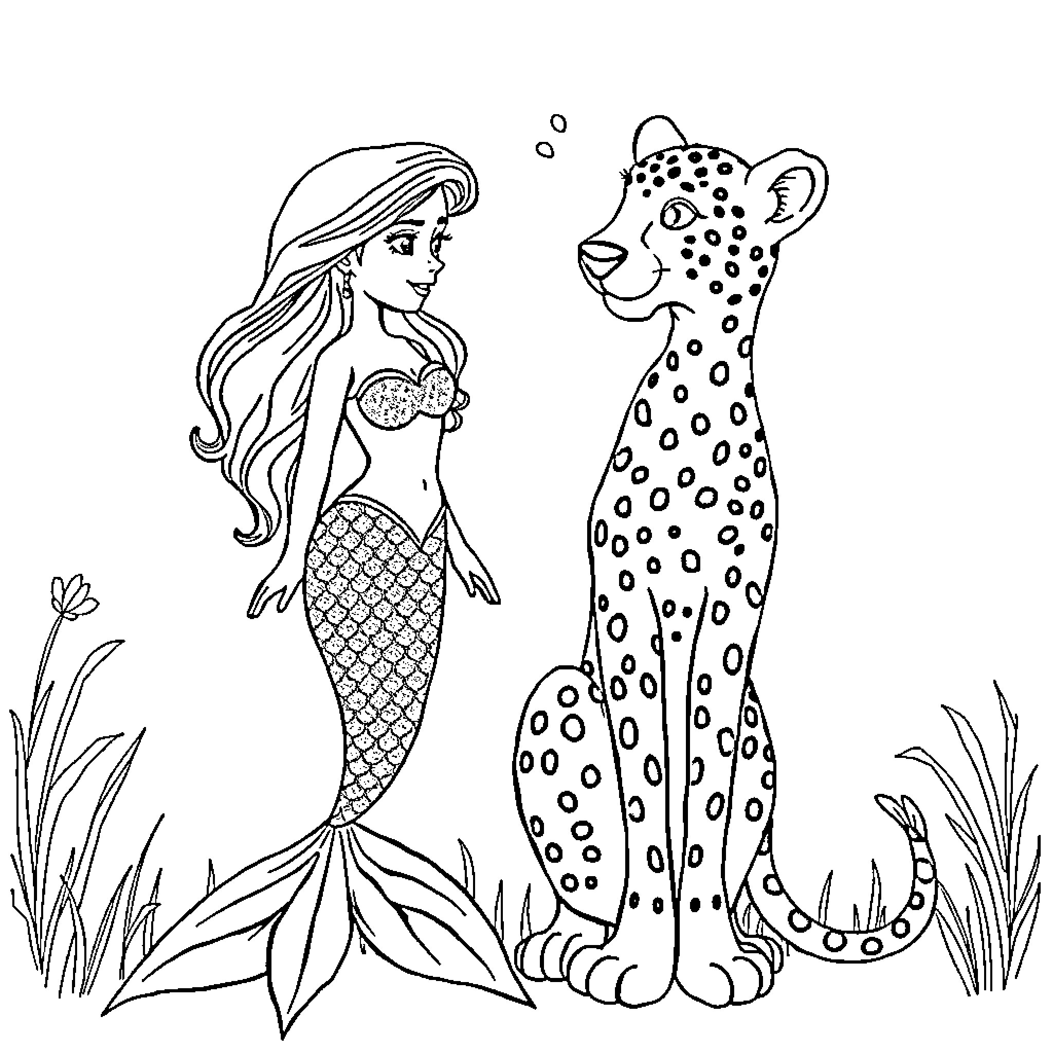 Mermaid and Cheetah Encounter in the Underwater Realm Coloring Page (free black-and-white line drawing printable PDF for all, from beginners to advanced learners, including children, teens, adults, and seniors)