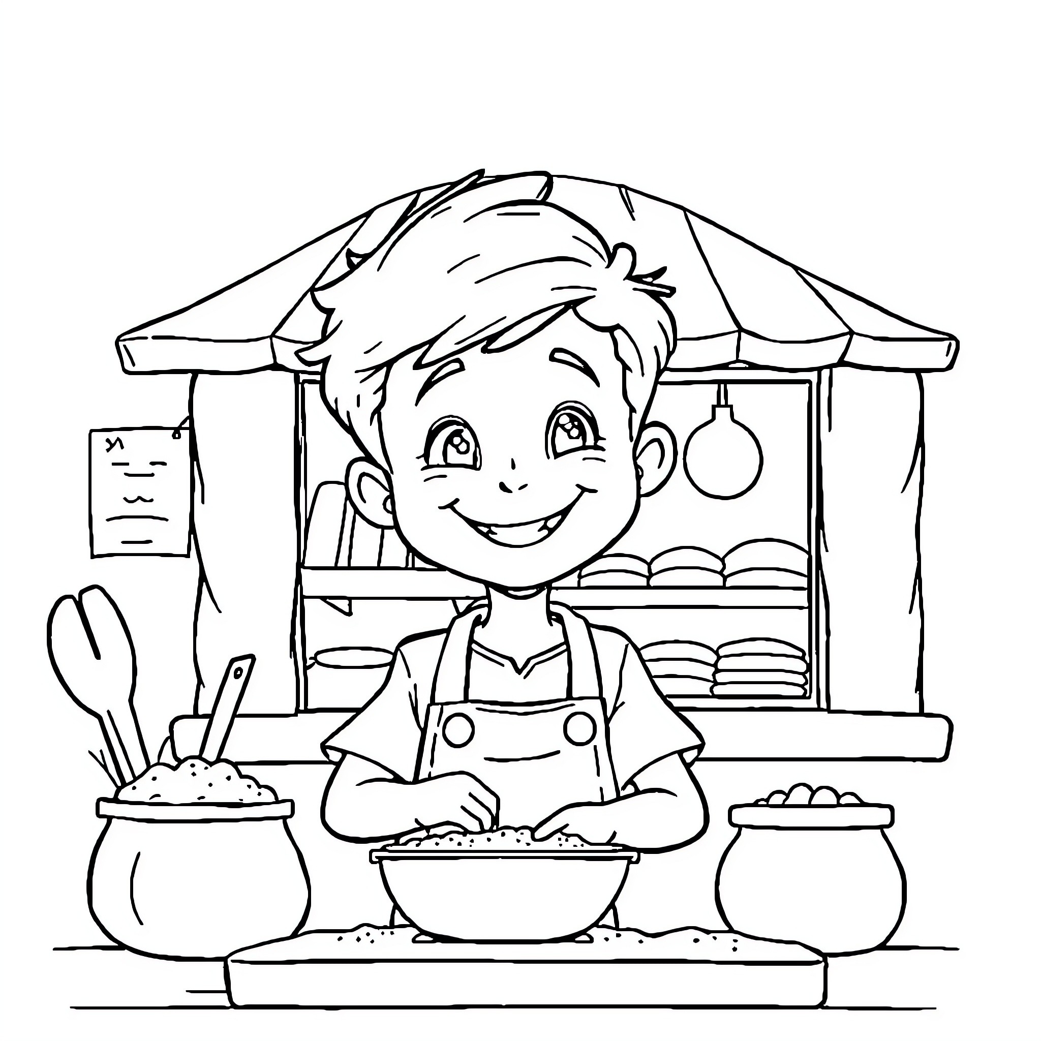 Boy happily cooking at his outdoor kitchen Coloring Page (free black-and-white line drawing printable PDF for all, from beginners to advanced learners, including children, teens, adults, and seniors)