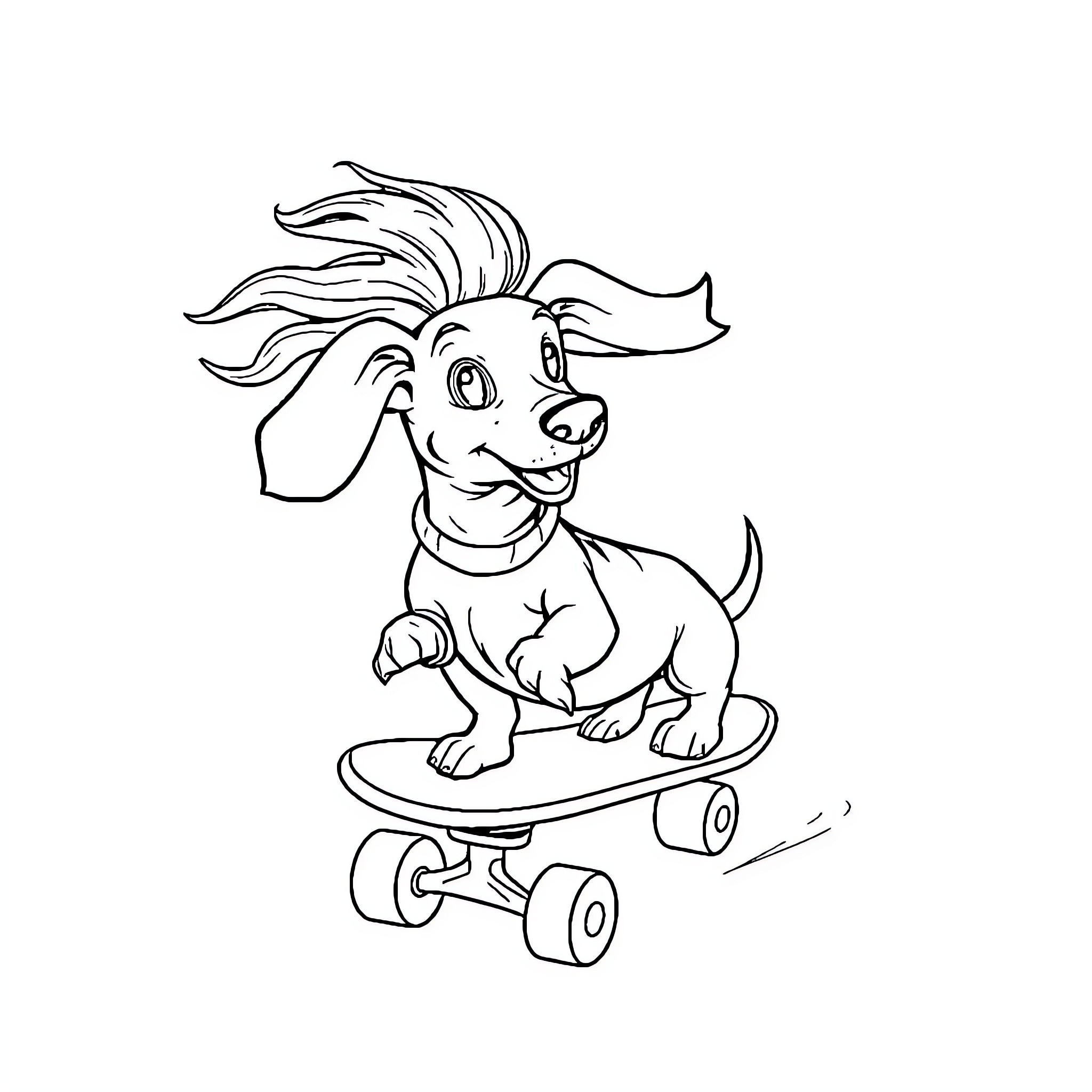 Wiener Dog riding a skateboard happily Coloring Page (free black-and-white line drawing printable PDF for all, from beginners to advanced learners, including children, teens, adults, and seniors)