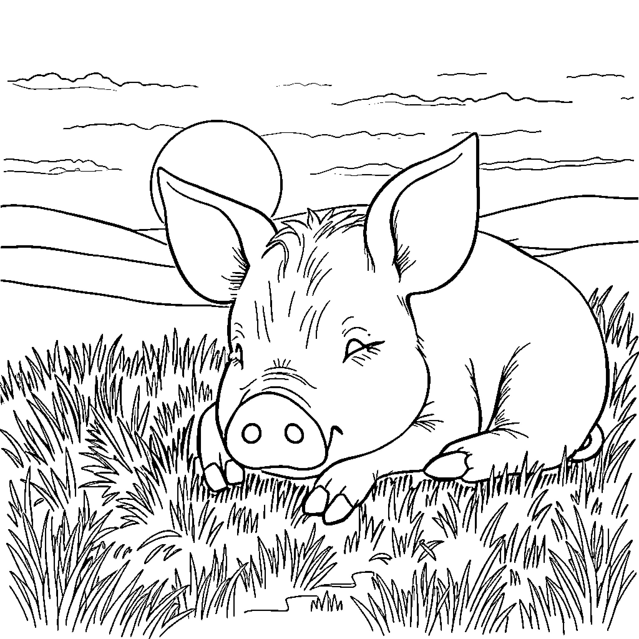 Pig resting peacefully in the meadow Coloring Page (free black-and-white line drawing printable PDF for all, from beginners to advanced learners, including children, teens, adults, and seniors)