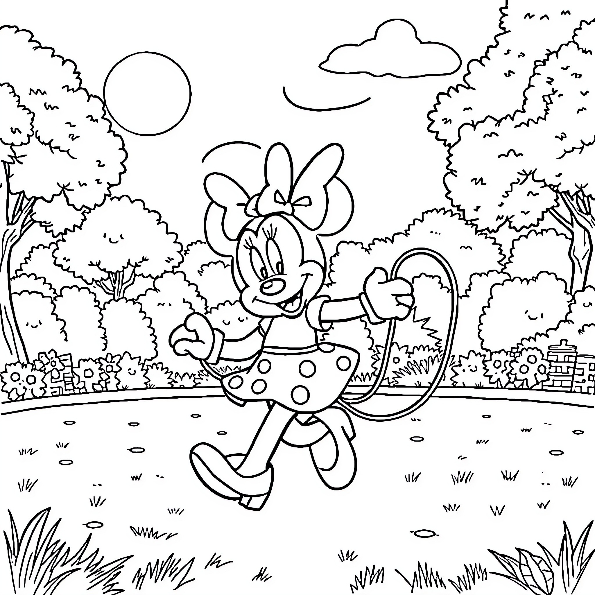 Minnie Mouse enjoying a day outdoors Coloring Page (free black-and-white line drawing printable PDF for all, from beginners to advanced learners, including children, teens, adults, and seniors)