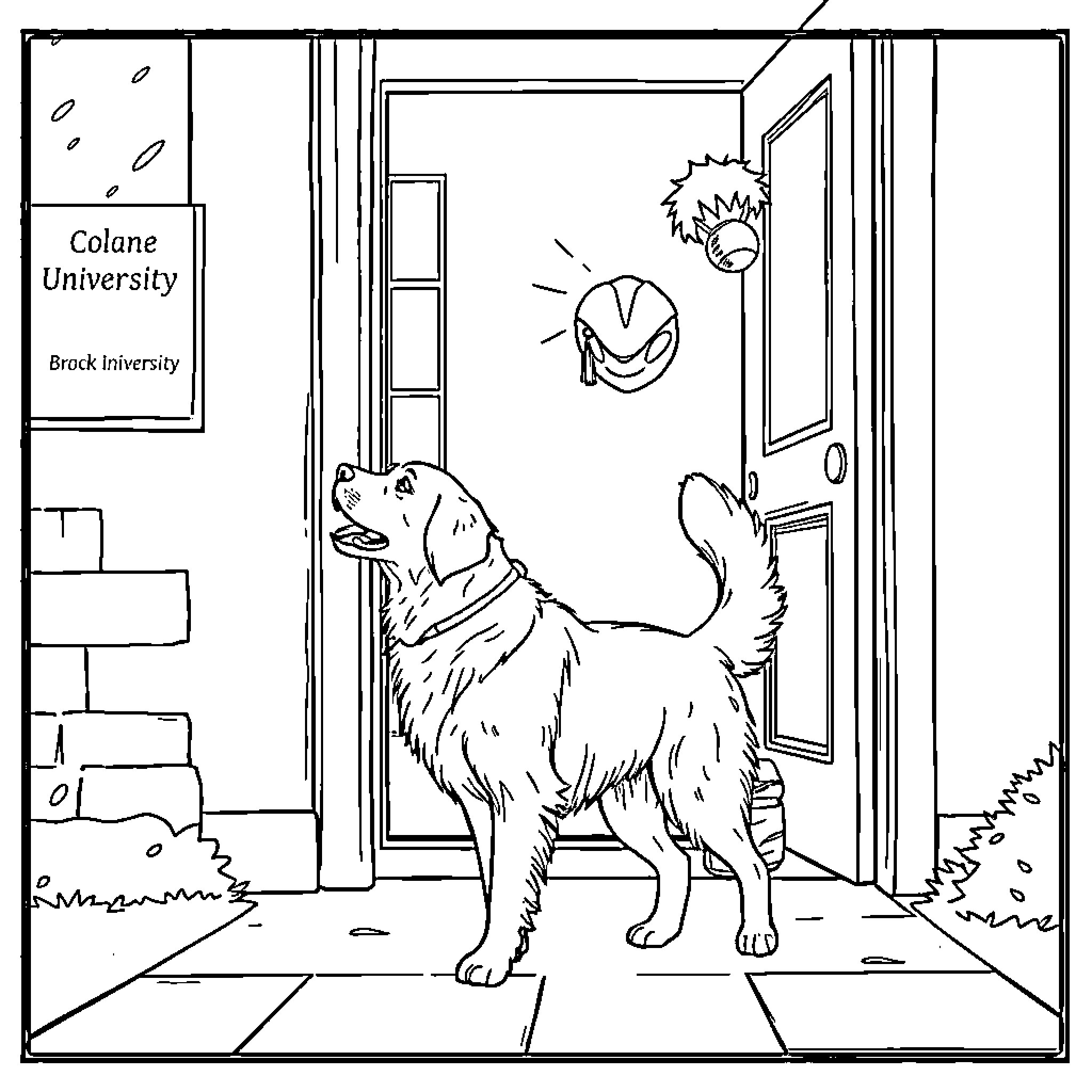 Golden Retriever at university entrance Coloring Page (free black-and-white line drawing printable PDF for all, from beginners to advanced learners, including children, teens, adults, and seniors)