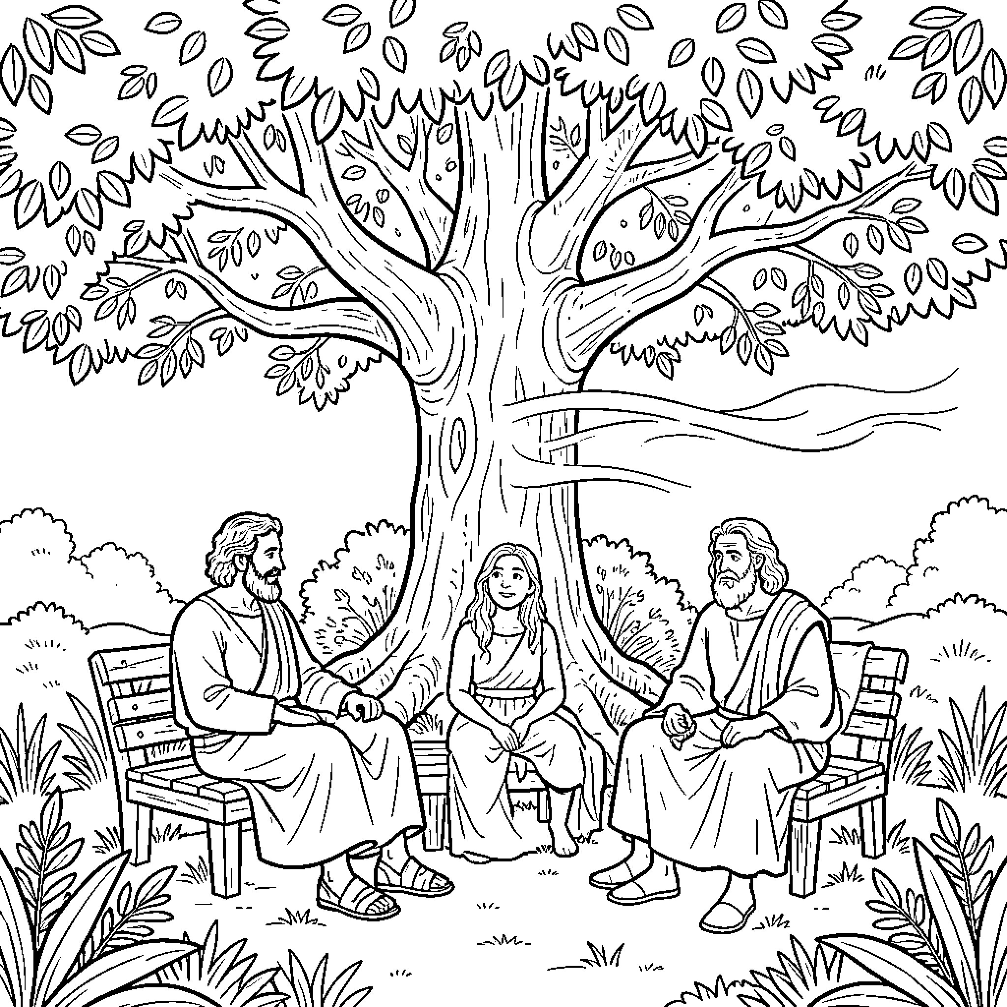 HERMÓGENES: Three figures seated under a large tree Coloring Page (free black-and-white line drawing printable PDF for all, from beginners to advanced learners, including children, teens, adults, and seniors)