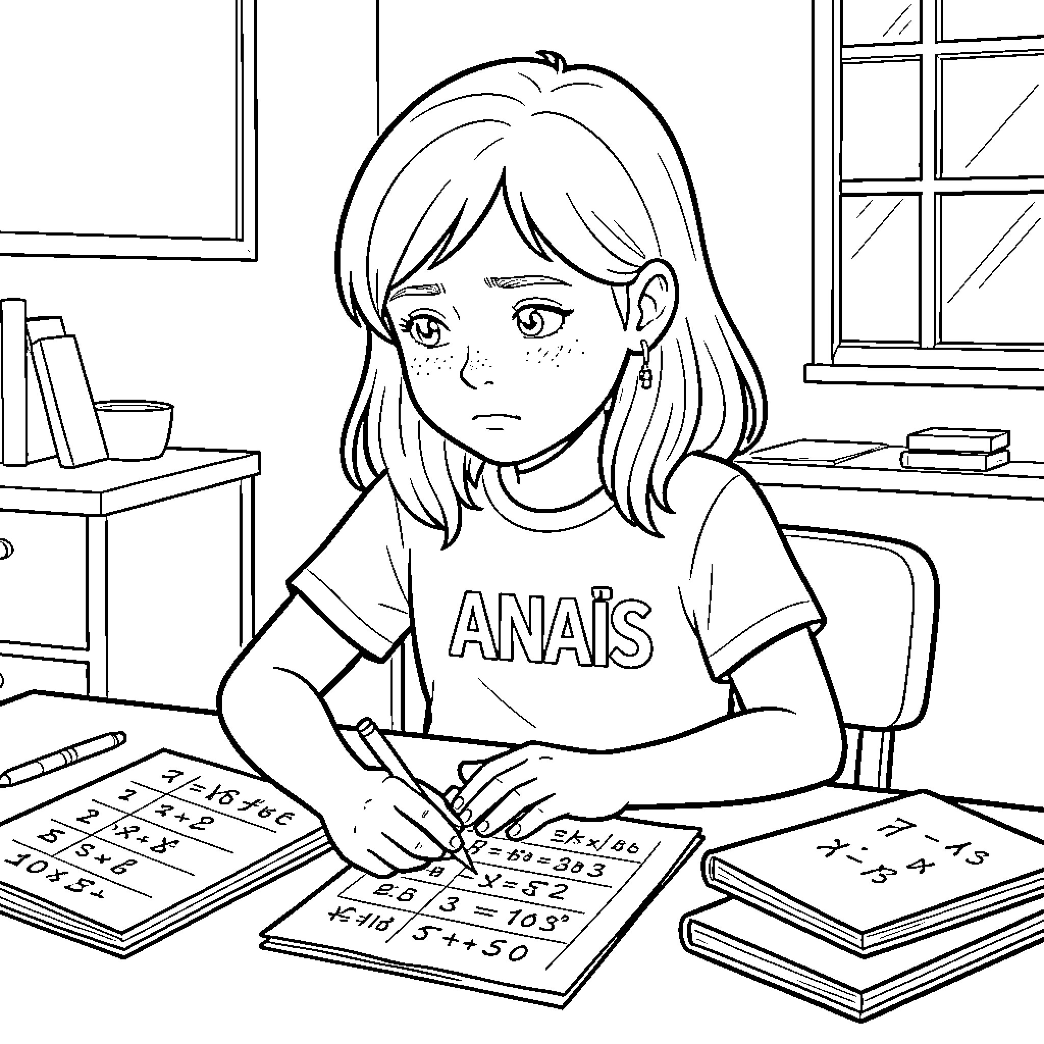 Fille concentrating while doing math homework at a desk Coloring Page (free black-and-white line drawing printable PDF for all, from beginners to advanced learners, including children, teens, adults, and seniors)