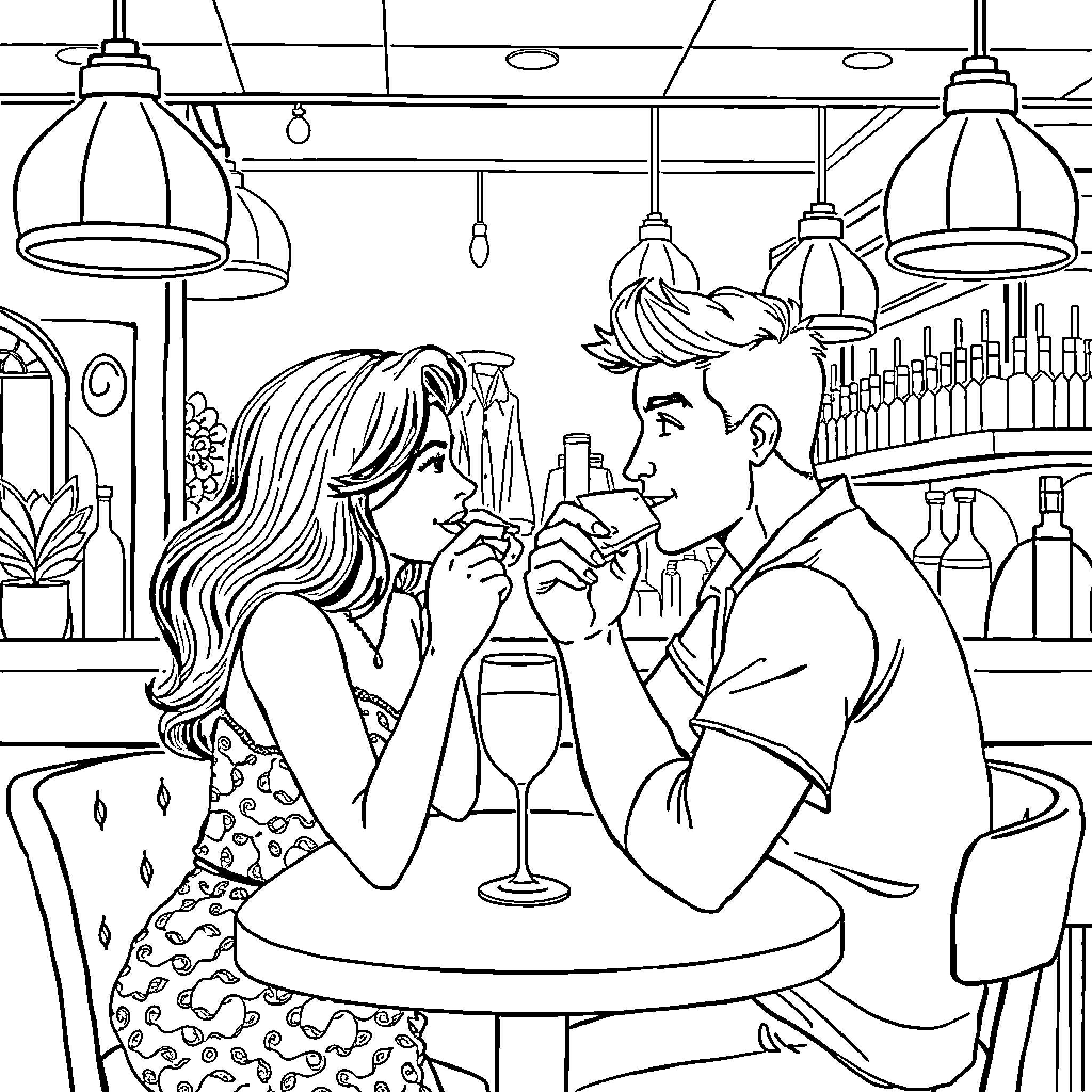 Pareja disfrutando de una cita en un bar Coloring Page (free black-and-white line drawing printable PDF for all, from beginners to advanced learners, including children, teens, adults, and seniors)