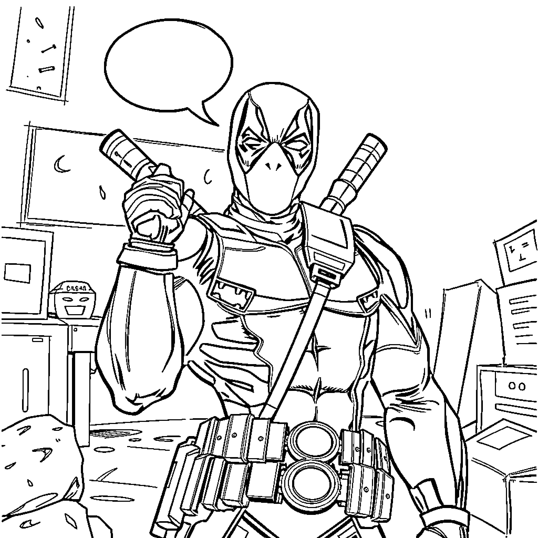 Deadpool's Comedic Antics in Chaotic Surroundings Coloring Page (free black-and-white line drawing printable PDF for all, from beginners to advanced learners, including children, teens, adults, and seniors)