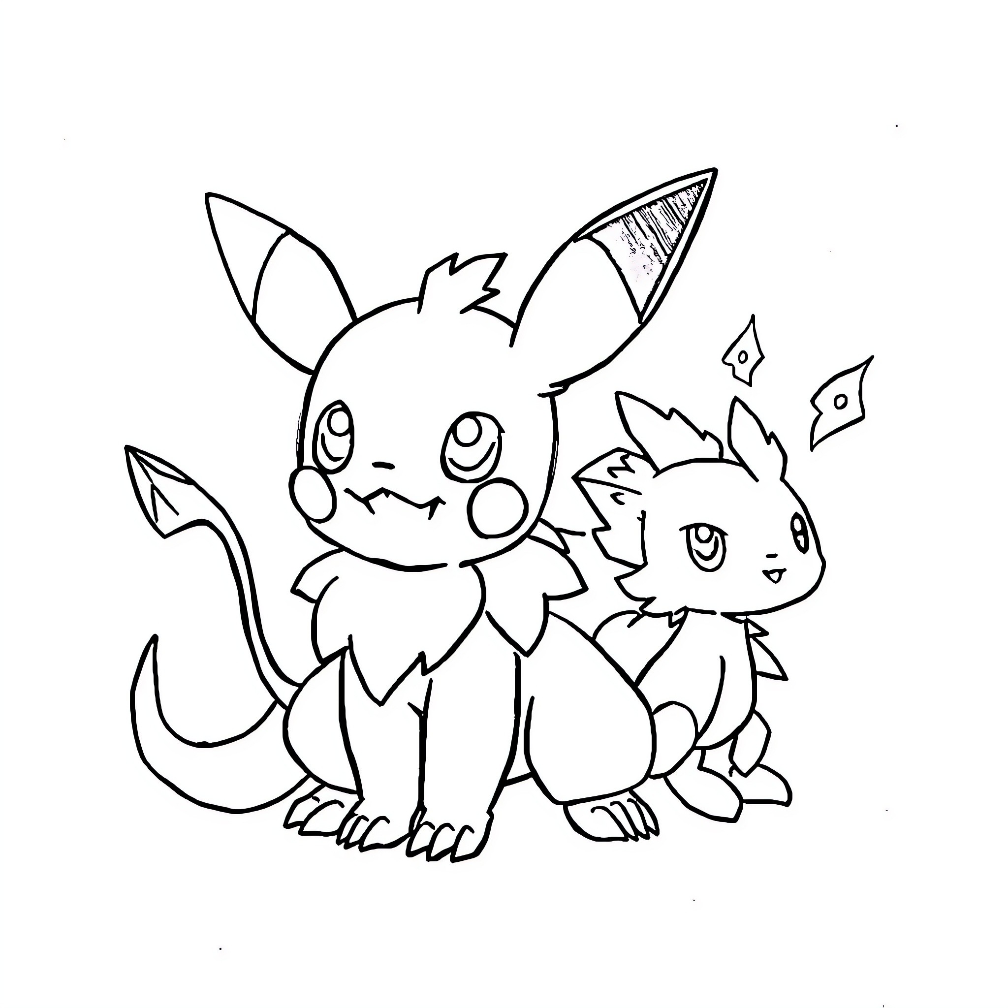Pokémon characters engaging in playful interaction Coloring Page (free black-and-white line drawing printable PDF for all, from beginners to advanced learners, including children, teens, adults, and seniors)