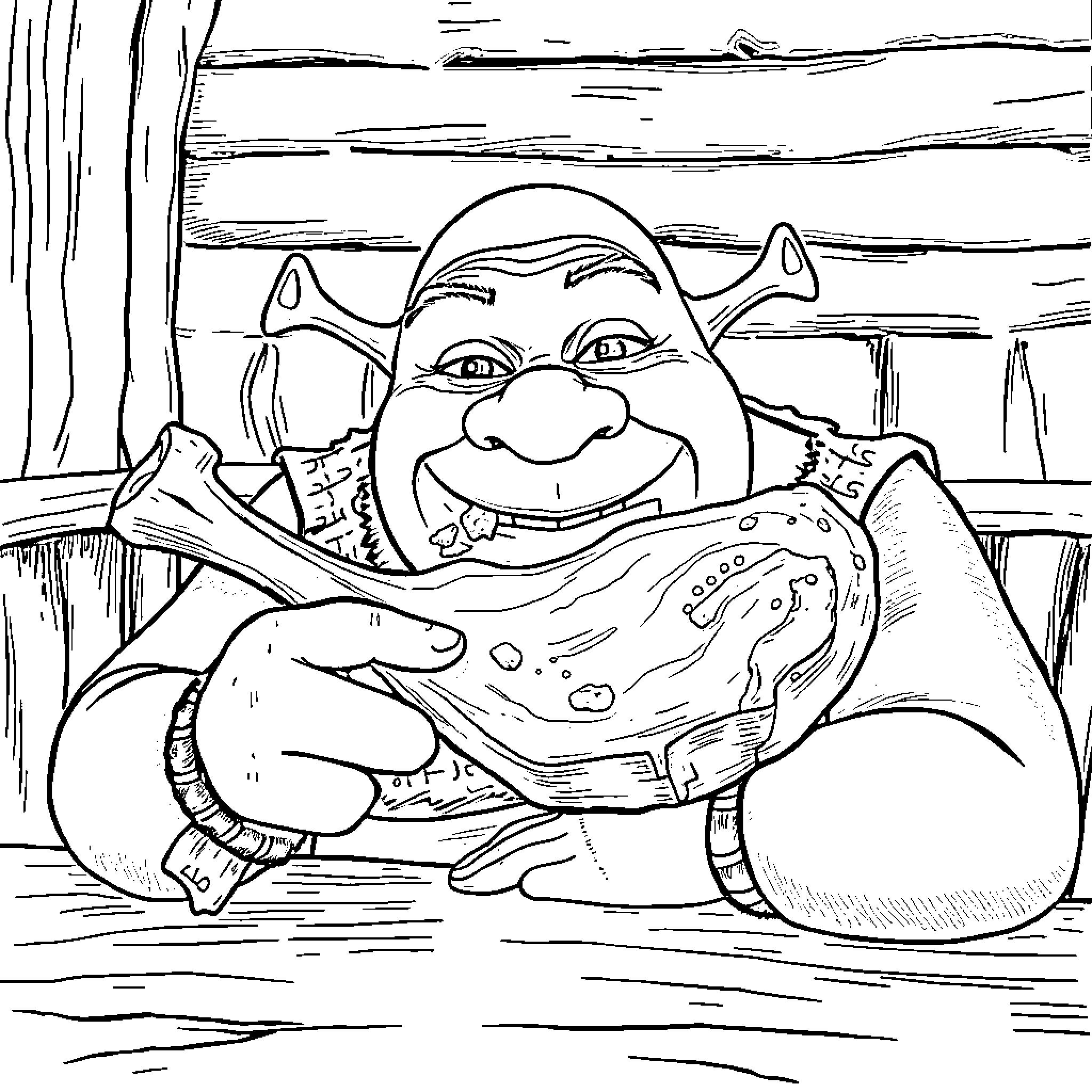Shrek relaxing contentedly by the lake Coloring Page (free black-and-white line drawing printable PDF for all, from beginners to advanced learners, including children, teens, adults, and seniors)