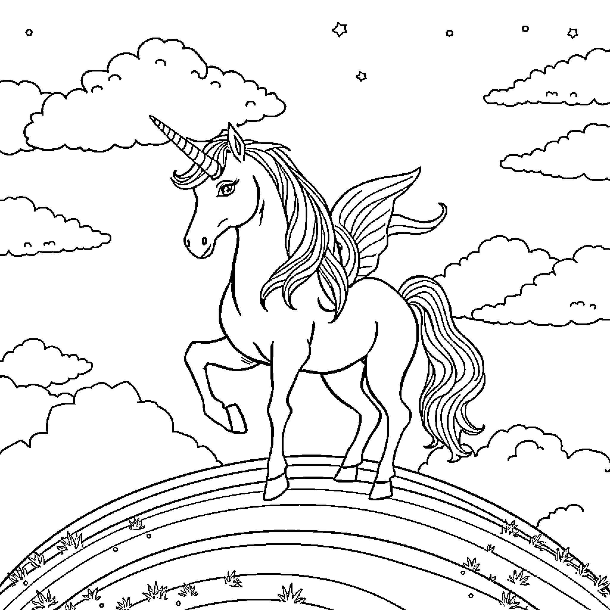 Unicorn standing proudly on a rainbow Coloring Page (free black-and-white line drawing printable PDF for all, from beginners to advanced learners, including children, teens, adults, and seniors)
