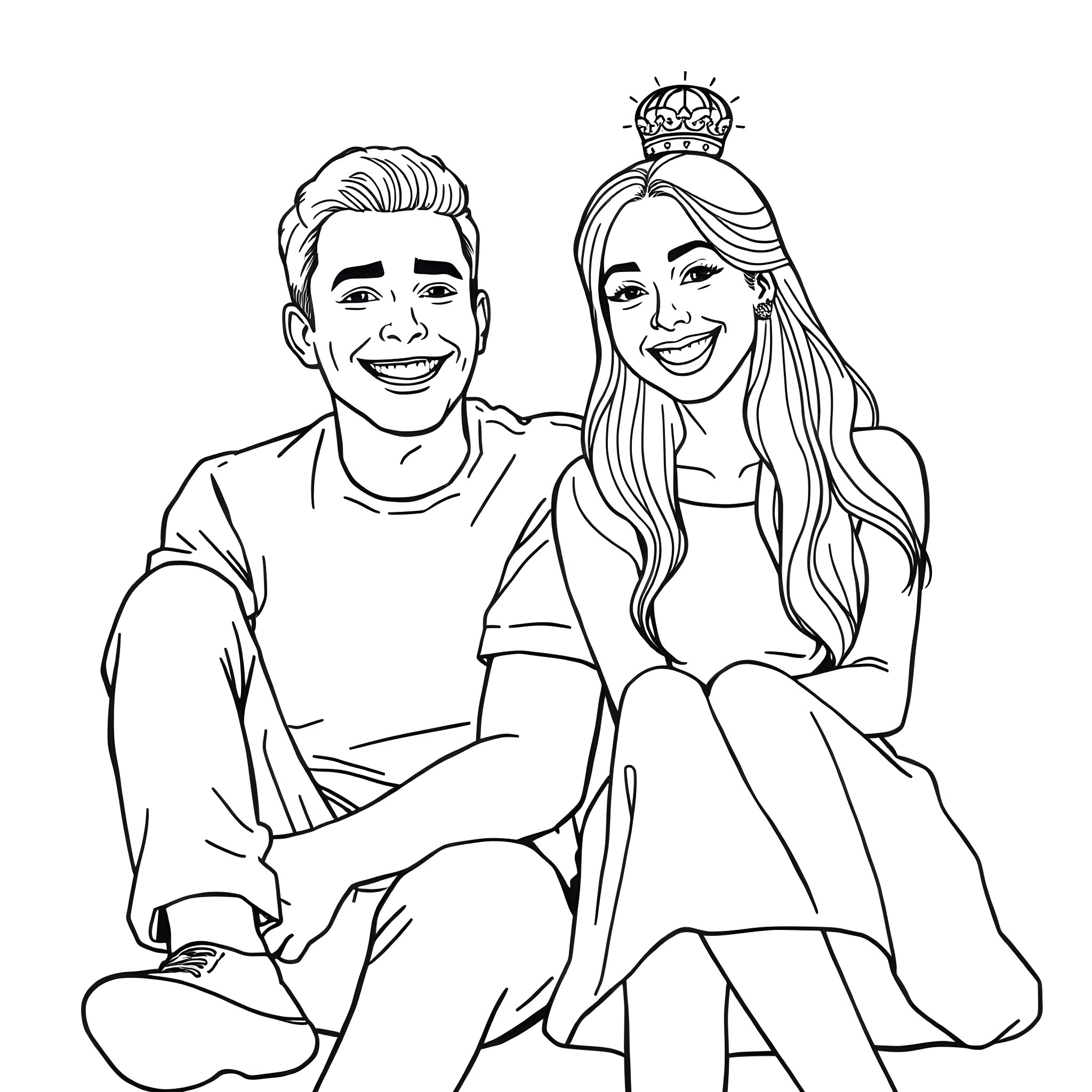 Man and woman in formal attire posing together Coloring Page (free black-and-white line drawing printable PDF for all, from beginners to advanced learners, including children, teens, adults, and seniors)