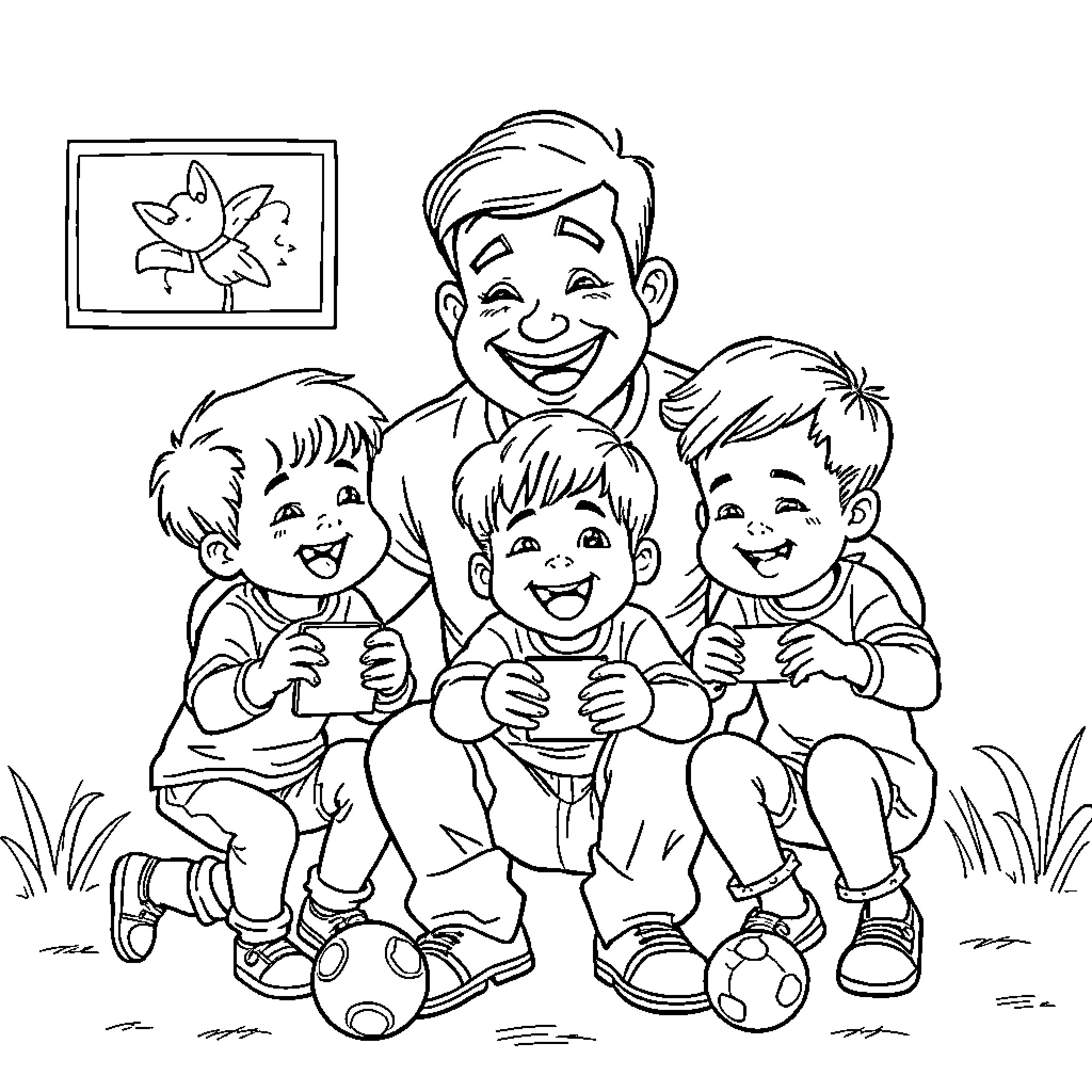 Kid enjoying time with friends outdoors Coloring Page (free black-and-white line drawing printable PDF for all, from beginners to advanced learners, including children, teens, adults, and seniors)