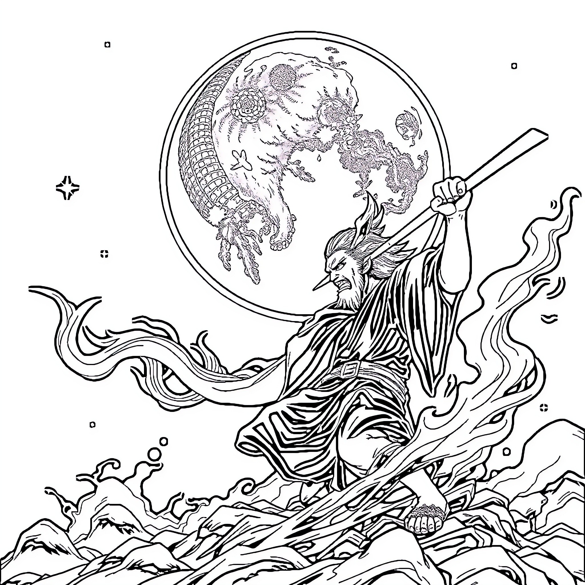 Tanjiro's Ethereal Journey through Otherworldly Realms Coloring Page (free black-and-white line drawing printable PDF for all, from beginners to advanced learners, including children, teens, adults, and seniors)