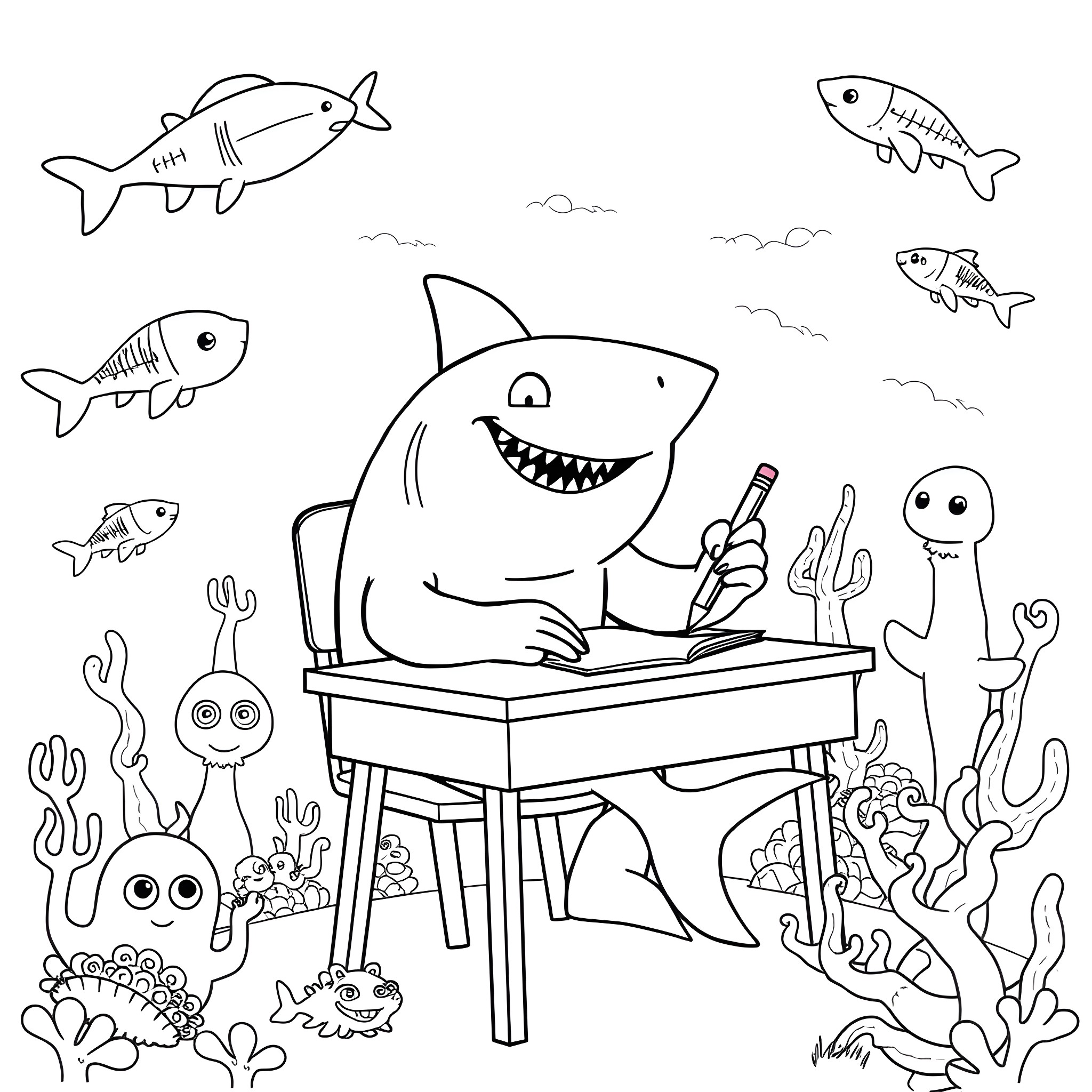 Shark enjoying underwater activities Coloring Page (free black-and-white line drawing printable PDF for all, from beginners to advanced learners, including children, teens, adults, and seniors)