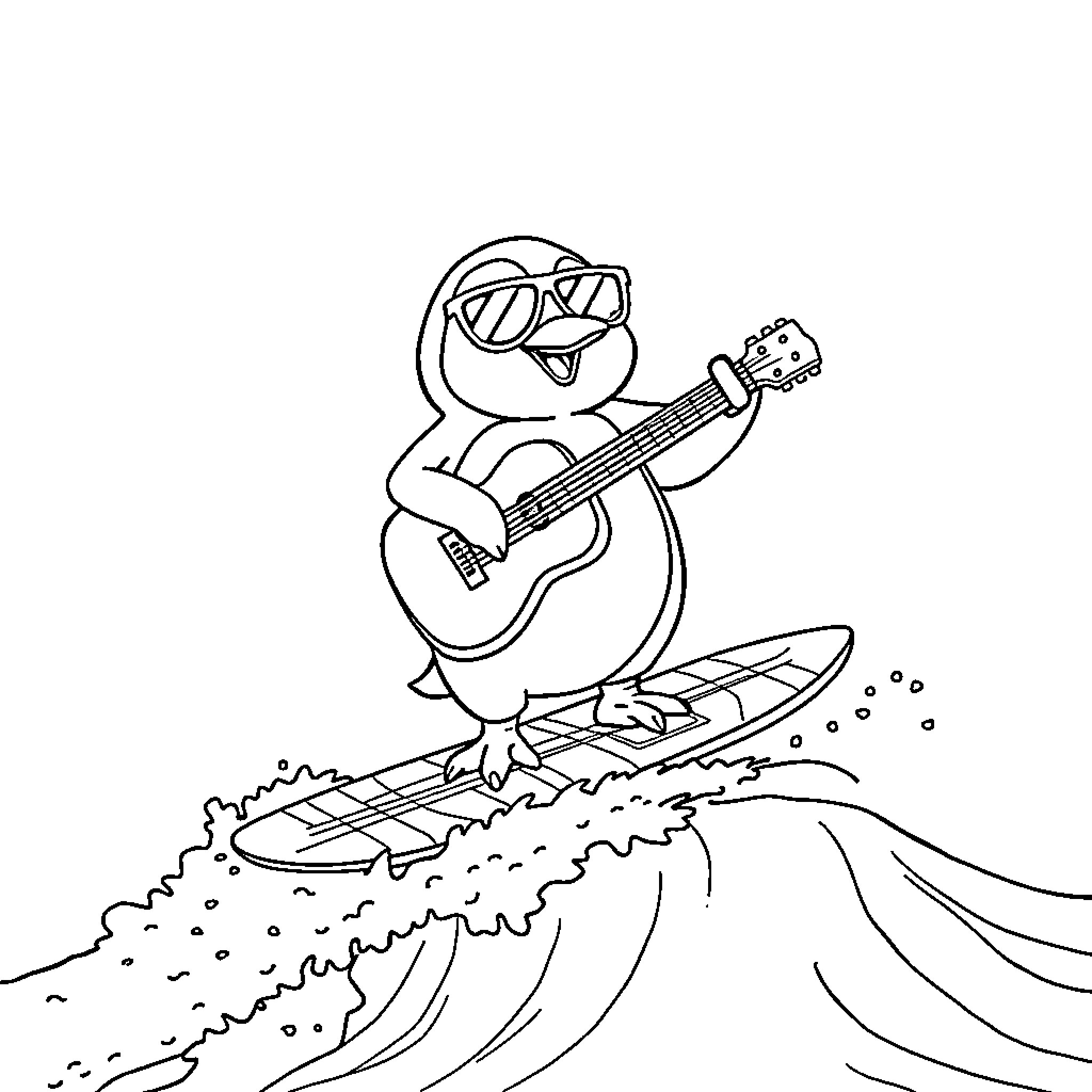 Penguin playing guitar on a surfboard Coloring Page (free black-and-white line drawing printable PDF for all, from beginners to advanced learners, including children, teens, adults, and seniors)