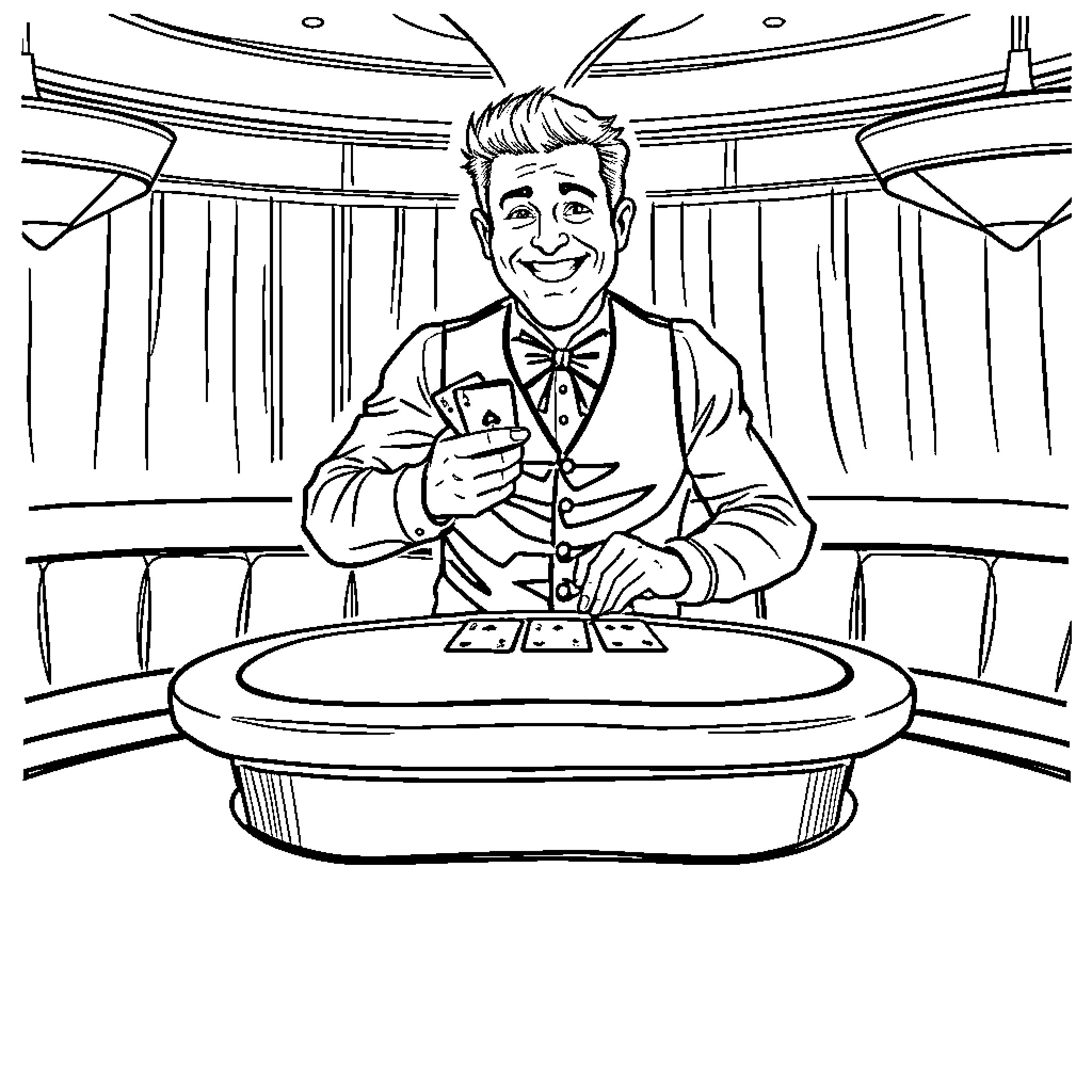 Blackjack Dealer Welcoming Players with a Smile Coloring Page (free black-and-white line drawing printable PDF for all, from beginners to advanced learners, including children, teens, adults, and seniors)