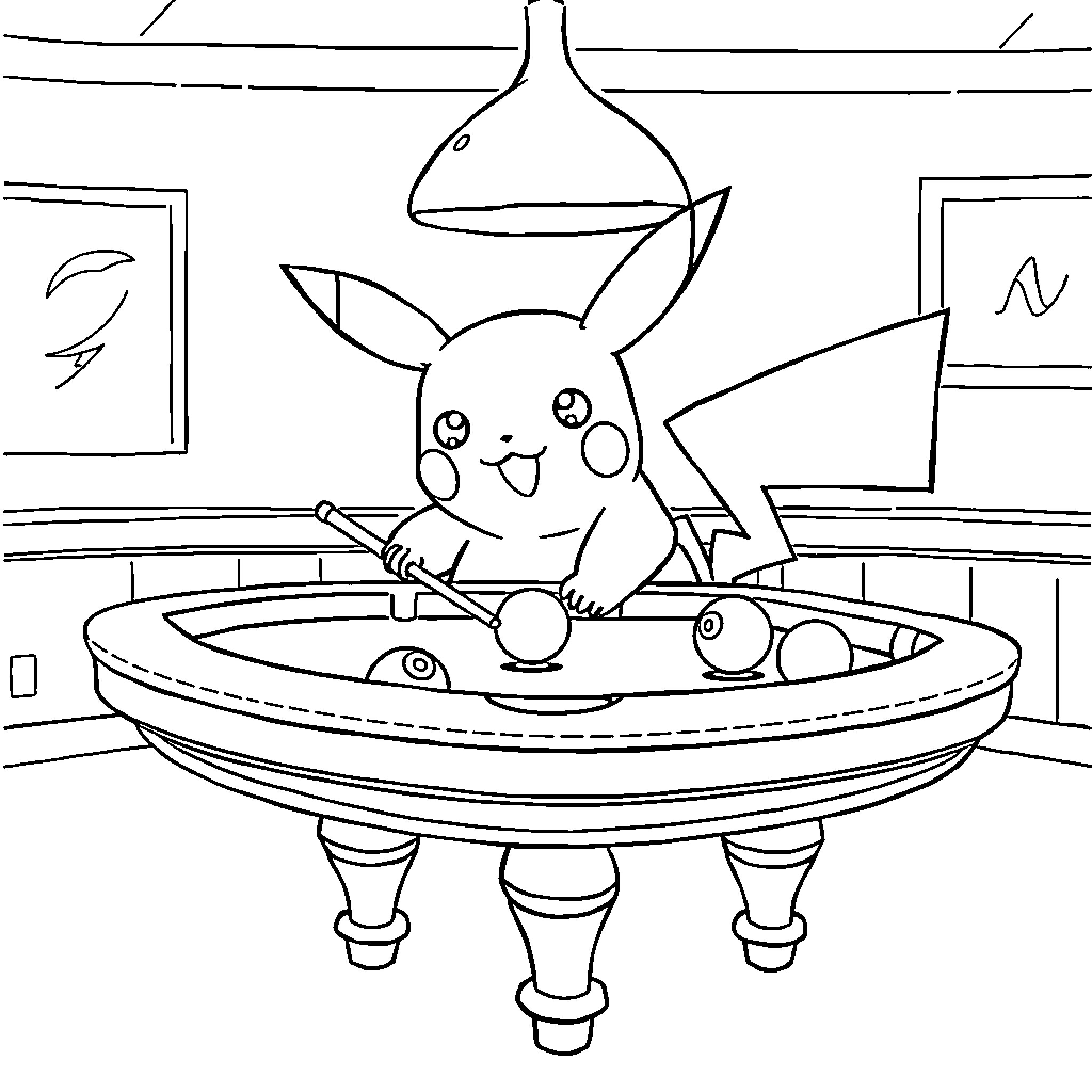 Pikachu enjoying a bubble bath with toy companions Coloring Page (free black-and-white line drawing printable PDF for all, from beginners to advanced learners, including children, teens, adults, and seniors)