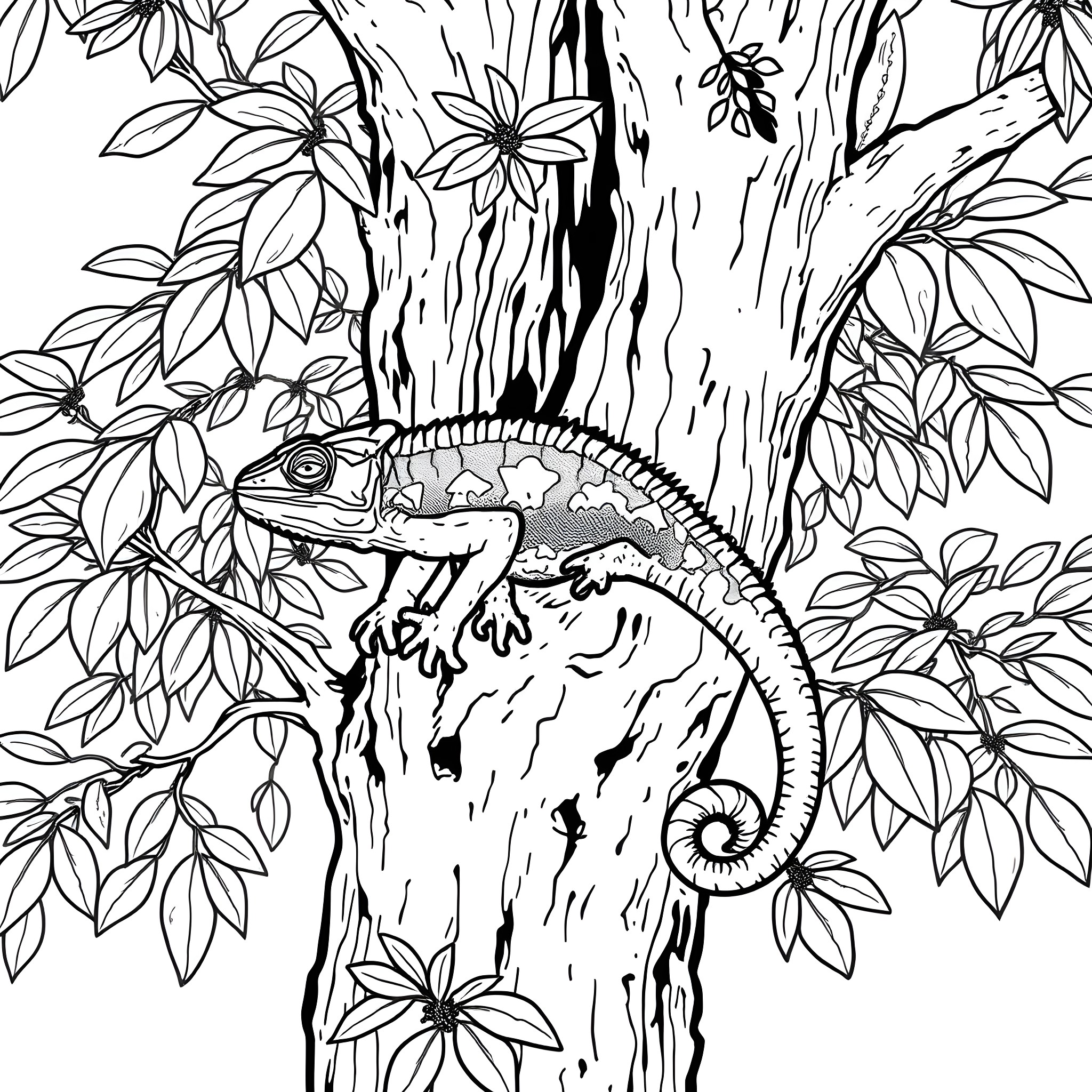 Chameleon in the Lush Foliage Coloring Page (free black-and-white line drawing printable PDF for all, from beginners to advanced learners, including children, teens, adults, and seniors)