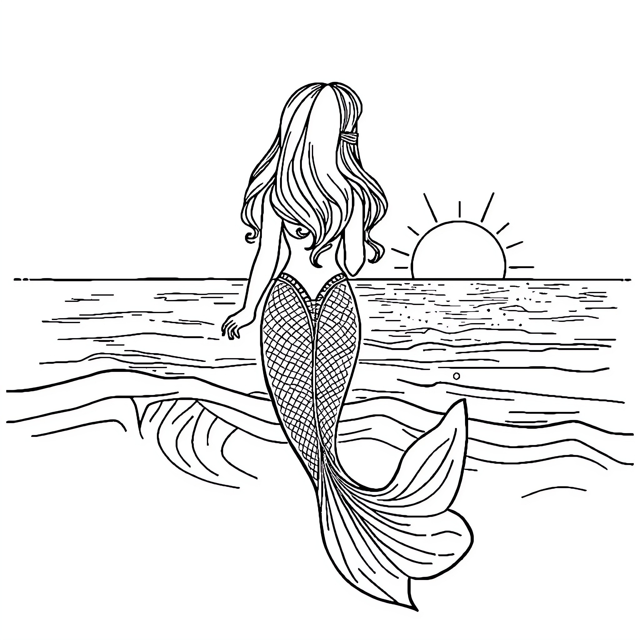 Mermaid enjoying the sunset by the ocean Coloring Page (free black-and-white line drawing printable PDF for all, from beginners to advanced learners, including children, teens, adults, and seniors)