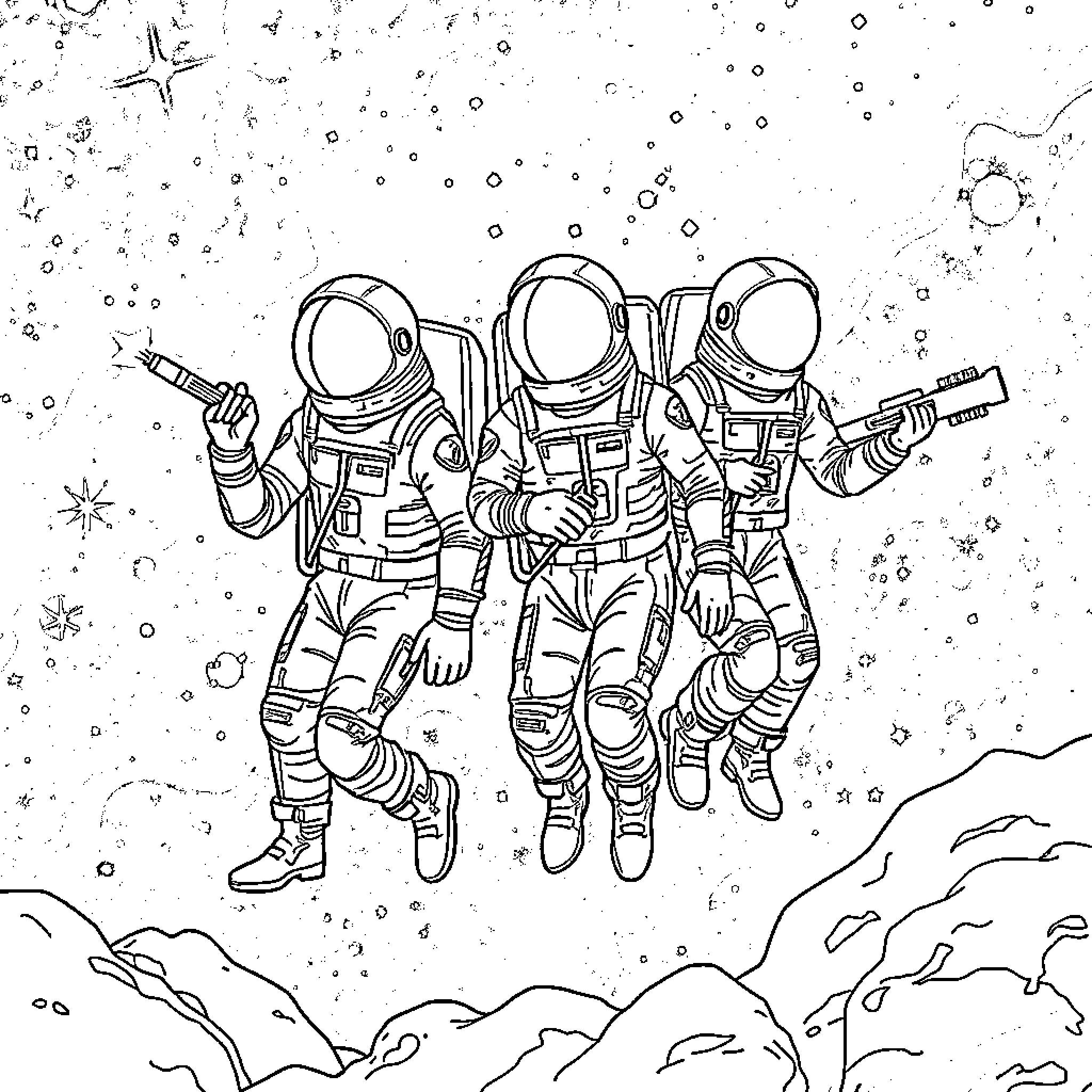 Spacemen exploring the wonders of the cosmos Coloring Page (free black-and-white line drawing printable PDF for all, from beginners to advanced learners, including children, teens, adults, and seniors)