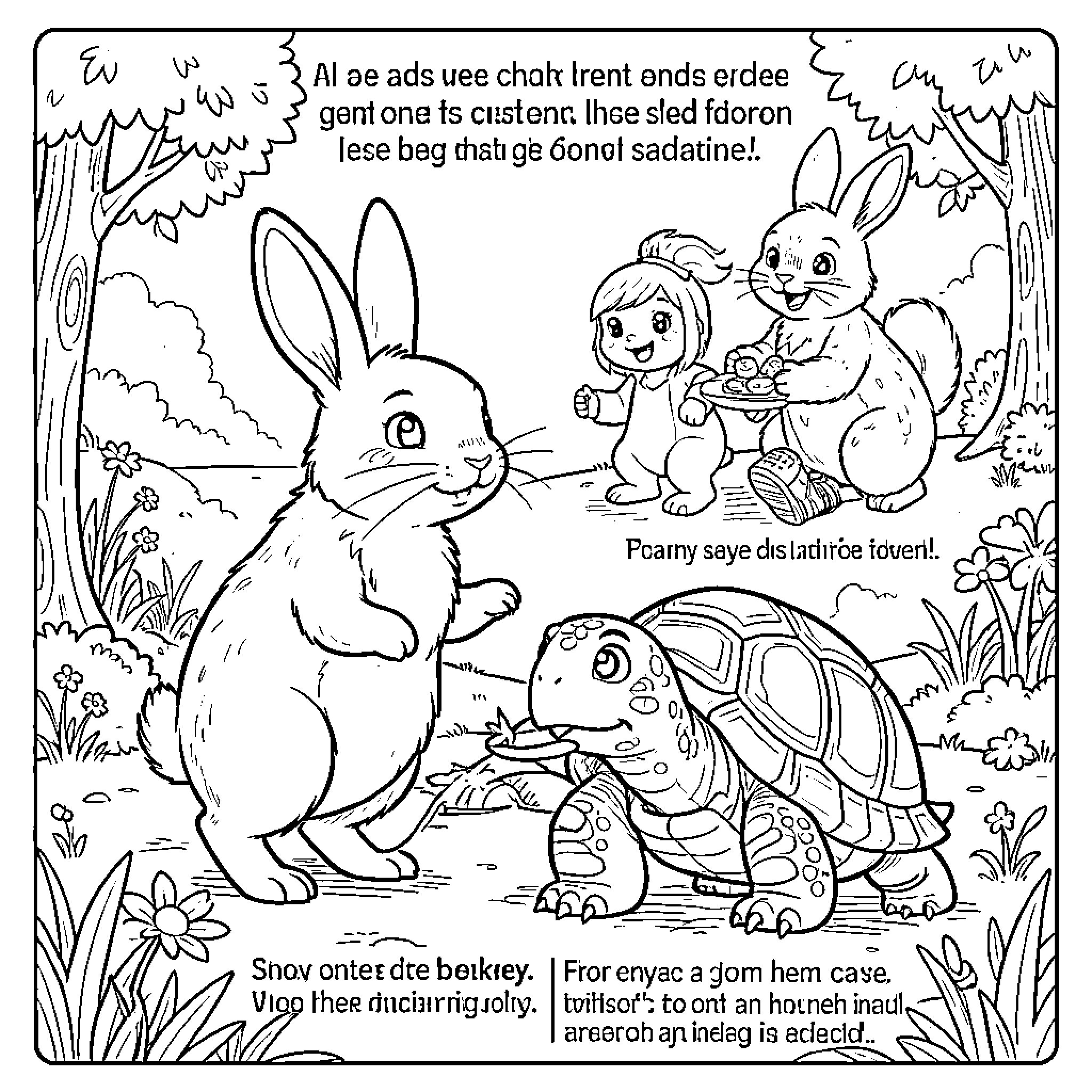 Rabbit friends explore nature together Coloring Page (free black-and-white line drawing printable PDF for all, from beginners to advanced learners, including children, teens, adults, and seniors)