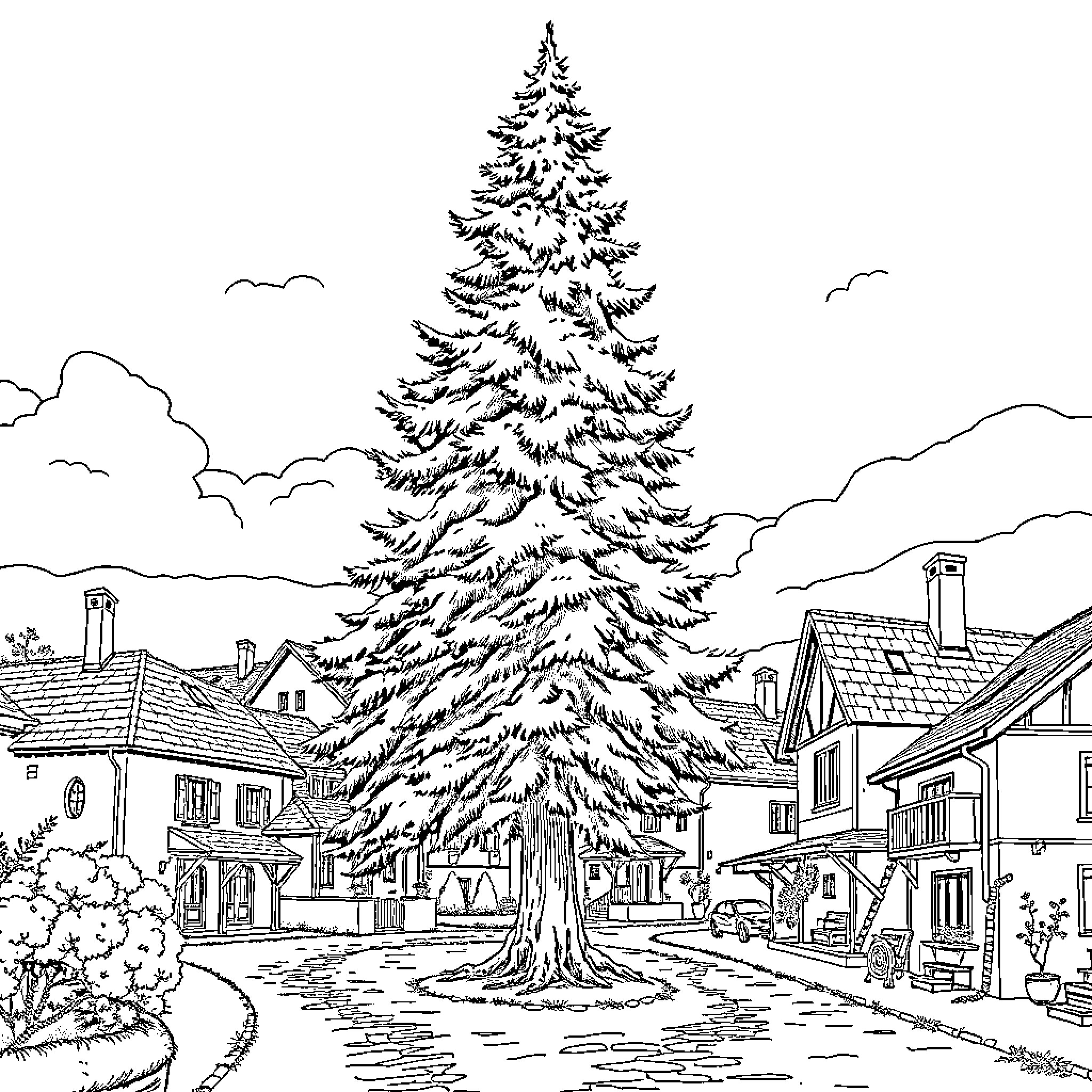 Pine Tree Stands Tall in Quaint Village Coloring Page (free black-and-white line drawing printable PDF for all, from beginners to advanced learners, including children, teens, adults, and seniors)