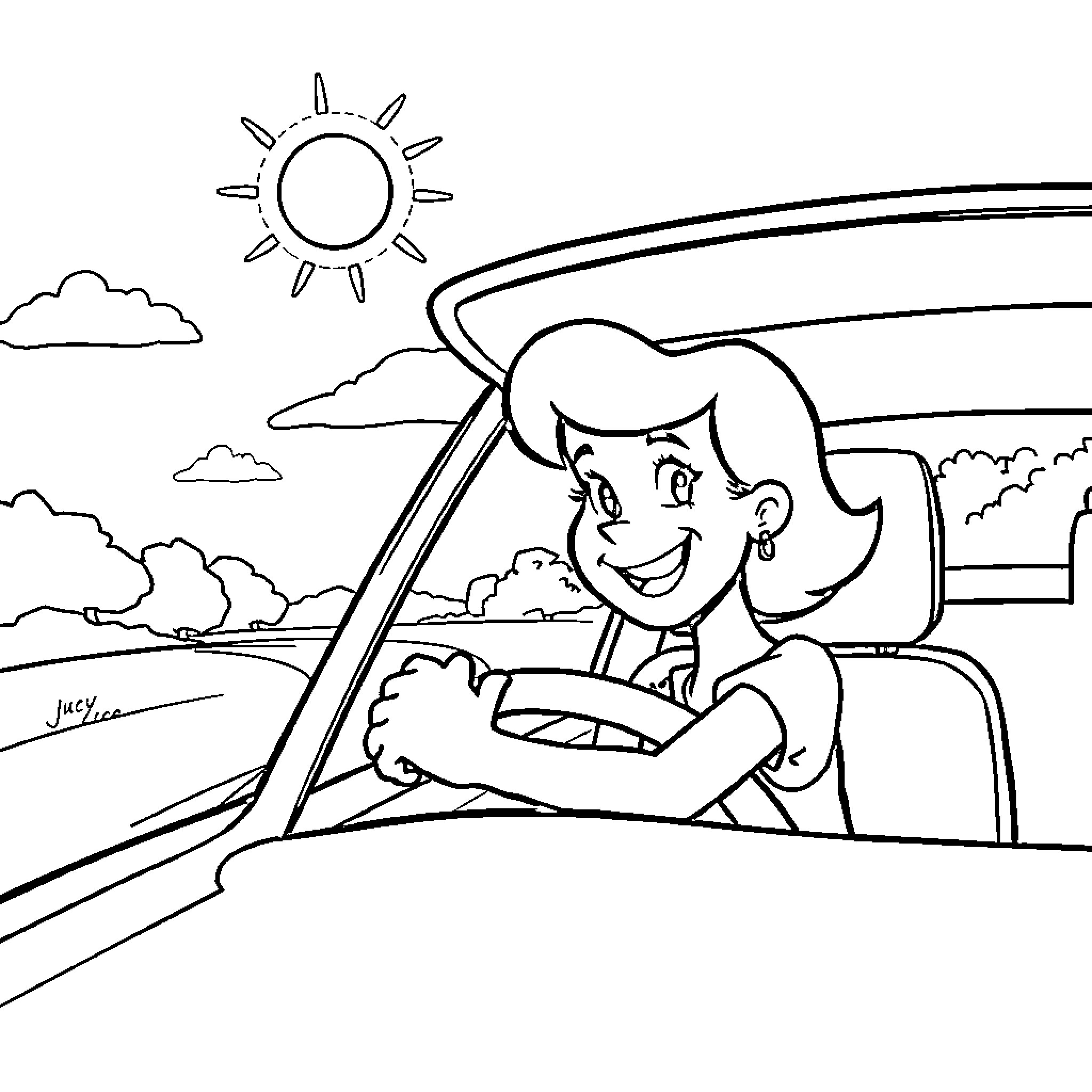 Lucy driving joyfully on the open road Coloring Page (free black-and-white line drawing printable PDF for all, from beginners to advanced learners, including children, teens, adults, and seniors)