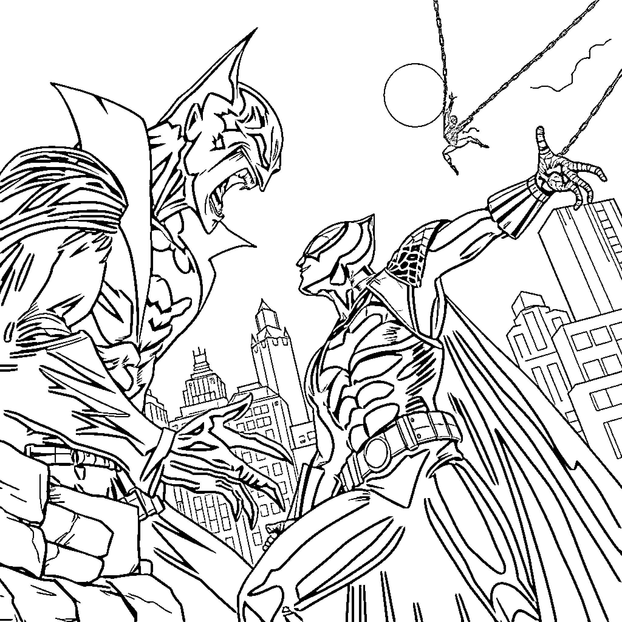 Dracula battles against superhero in city skyline Coloring Page (free black-and-white line drawing printable PDF for all, from beginners to advanced learners, including children, teens, adults, and seniors)