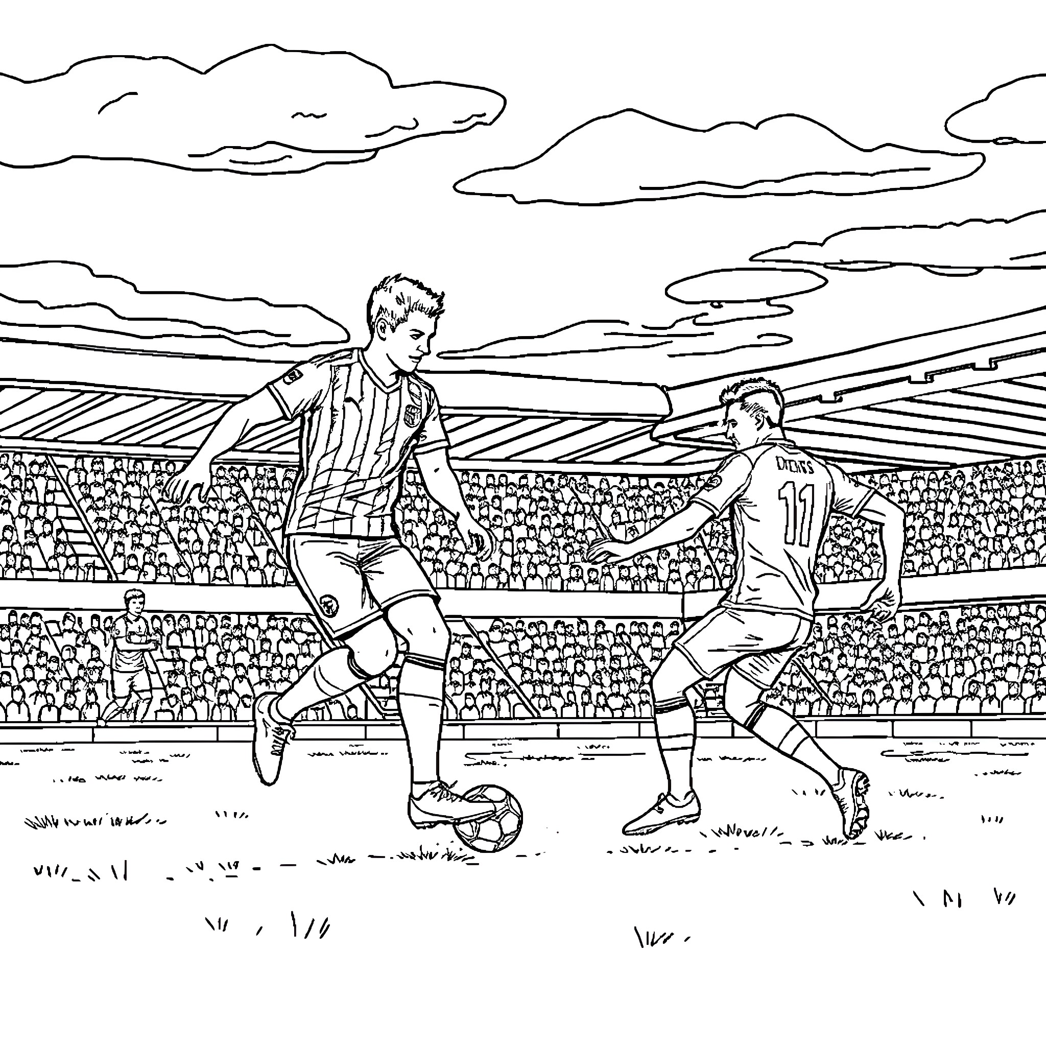 Hamilton Academical Players Competing on the Pitch Coloring Page (free black-and-white line drawing printable PDF for all, from beginners to advanced learners, including children, teens, adults, and seniors)