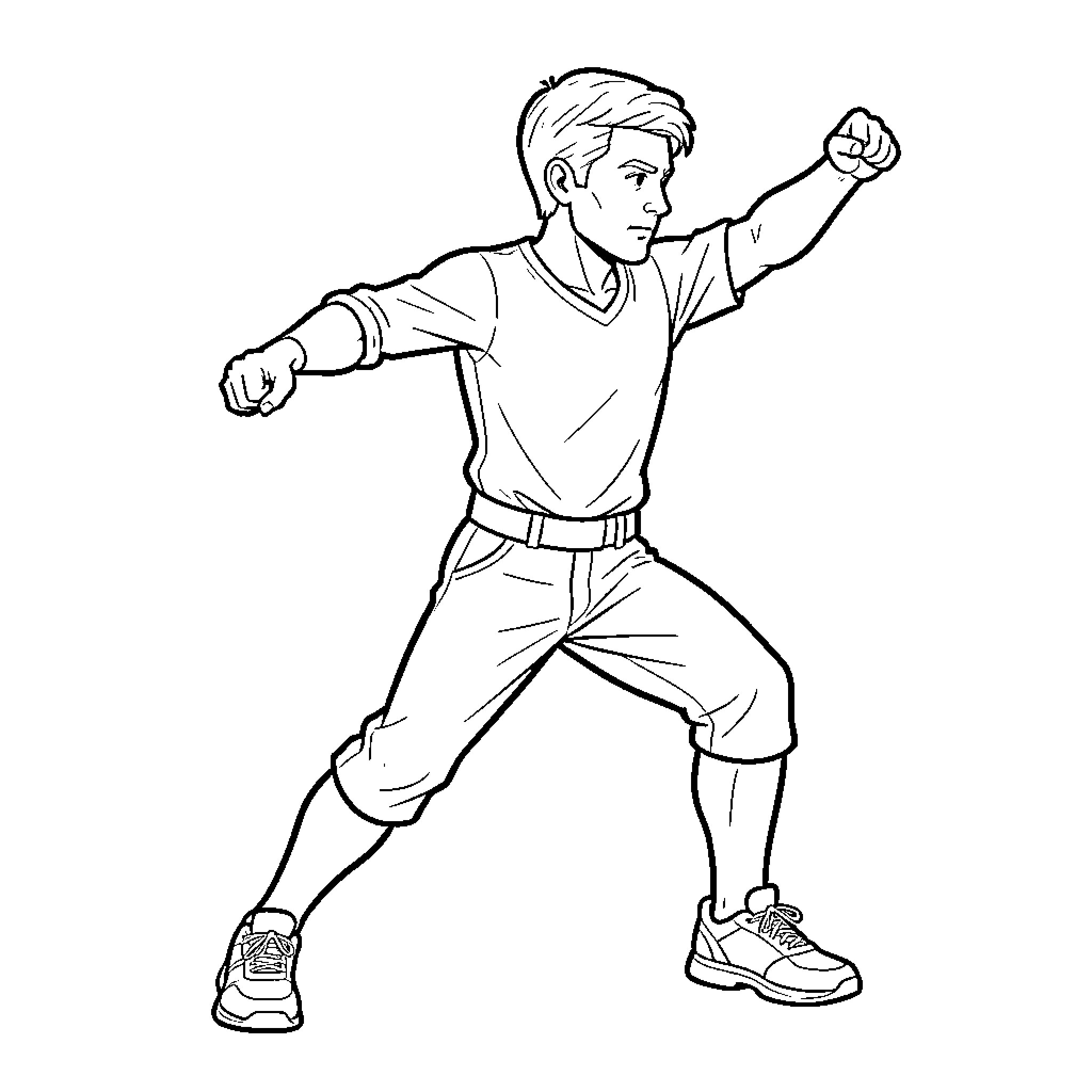 Antonin performing a dynamic martial arts pose Coloring Page (free black-and-white line drawing printable PDF for all, from beginners to advanced learners, including children, teens, adults, and seniors)
