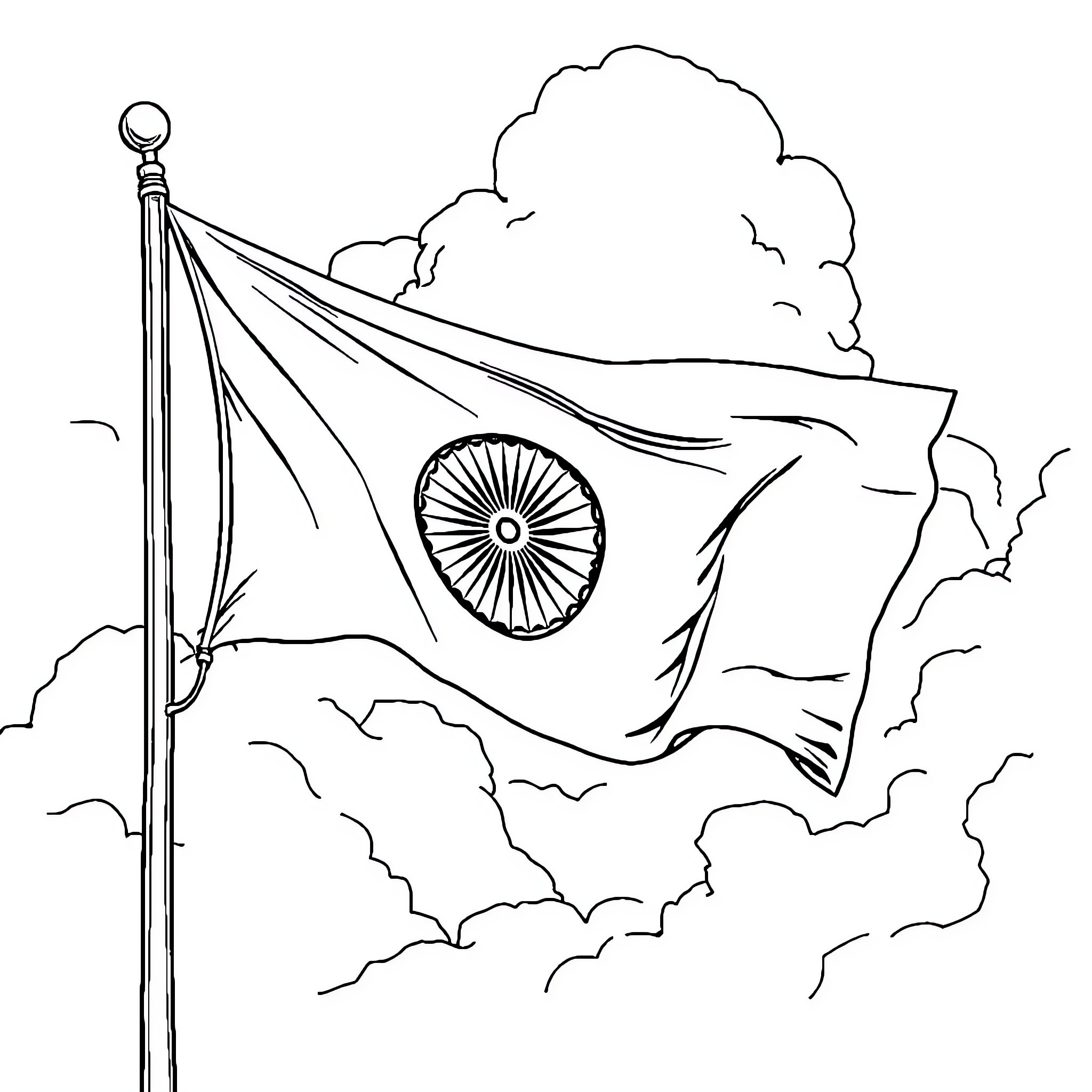 India Flag waving amidst clouds in the sky Coloring Page (free black-and-white line drawing printable PDF for all, from beginners to advanced learners, including children, teens, adults, and seniors)