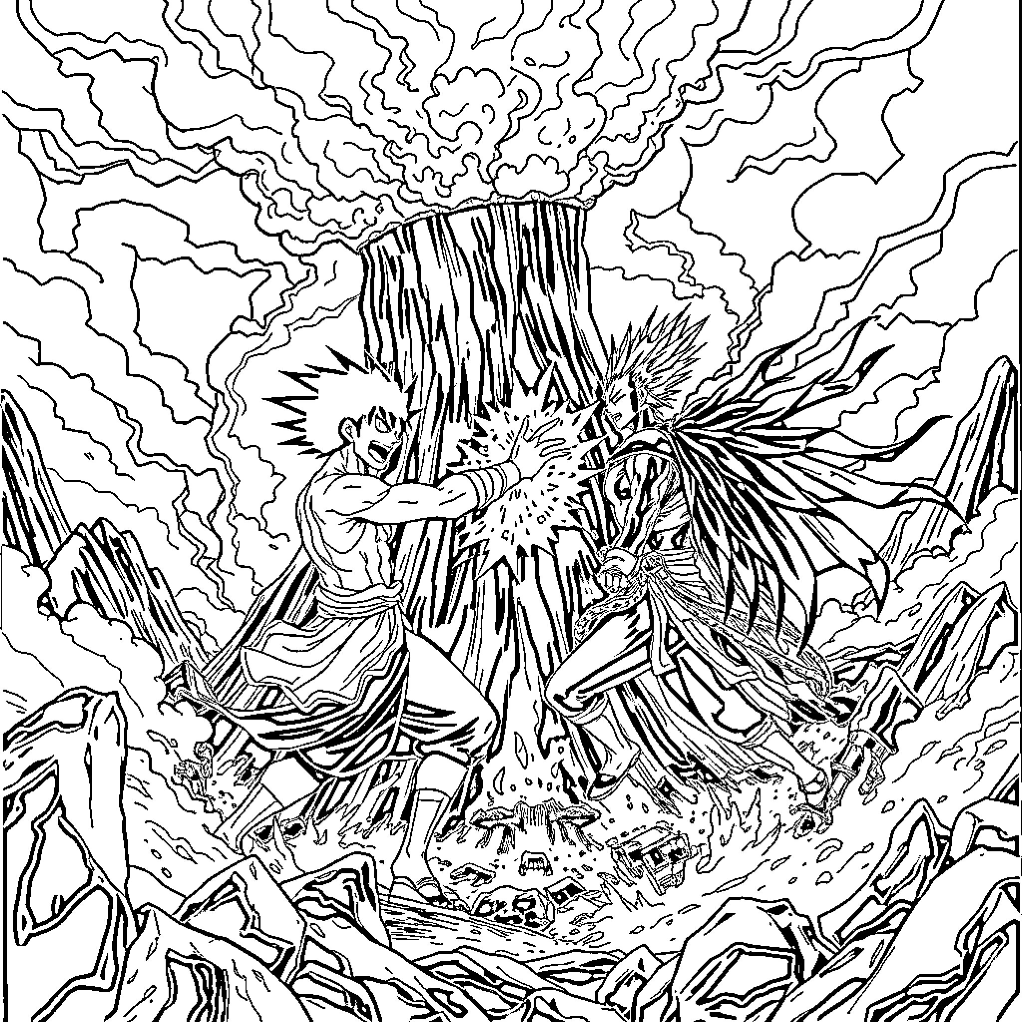 Zoro's Fierce Battle in the Stormy Landscape Coloring Page (free black-and-white line drawing printable PDF for all, from beginners to advanced learners, including children, teens, adults, and seniors)