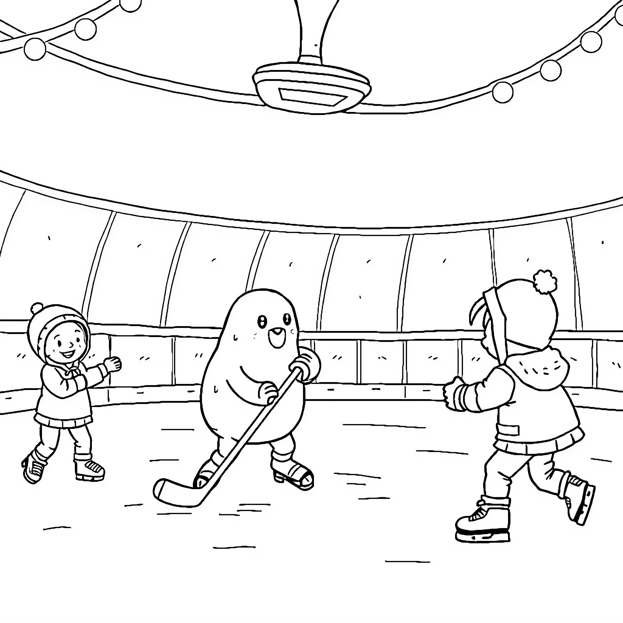 Cocomelon characters playing hockey on ice rink Coloring Page (free black-and-white line drawing printable PDF for all, from beginners to advanced learners, including children, teens, adults, and seniors)