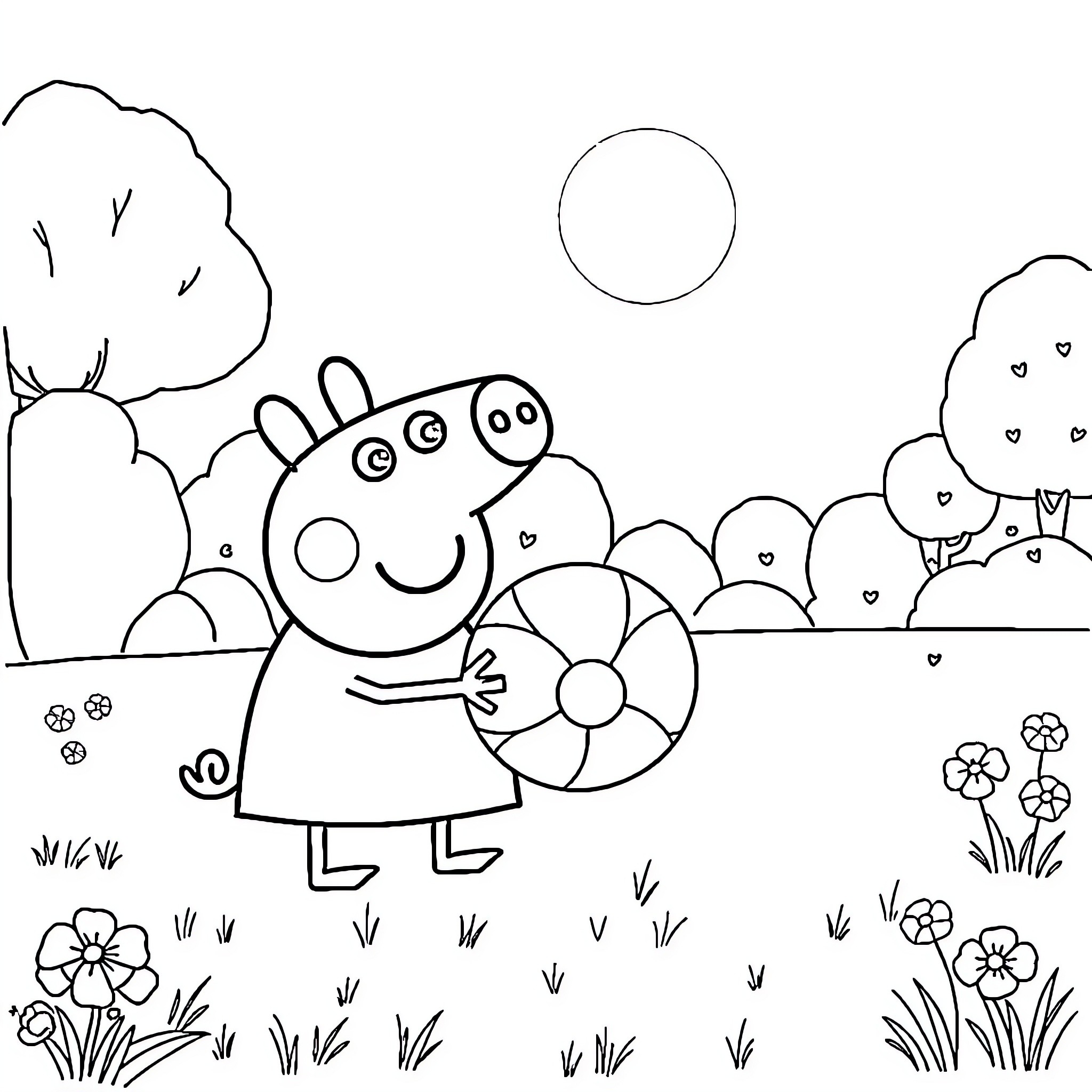 Peppa Pig playing outdoors with a flower Coloring Page (free black-and-white line drawing printable PDF for all, from beginners to advanced learners, including children, teens, adults, and seniors)