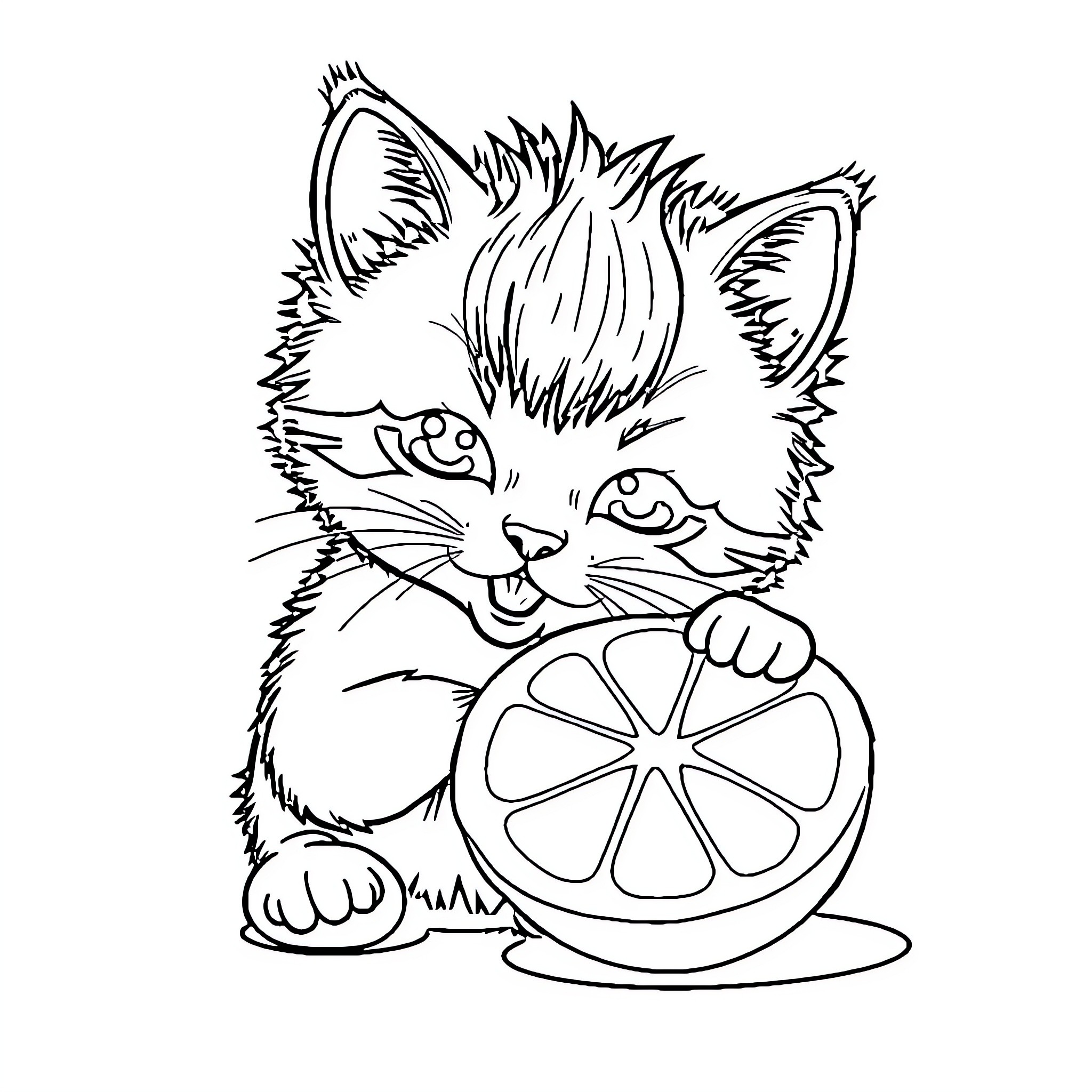 Cat playing with orange slice Coloring Page (free black-and-white line drawing printable PDF for all, from beginners to advanced learners, including children, teens, adults, and seniors)