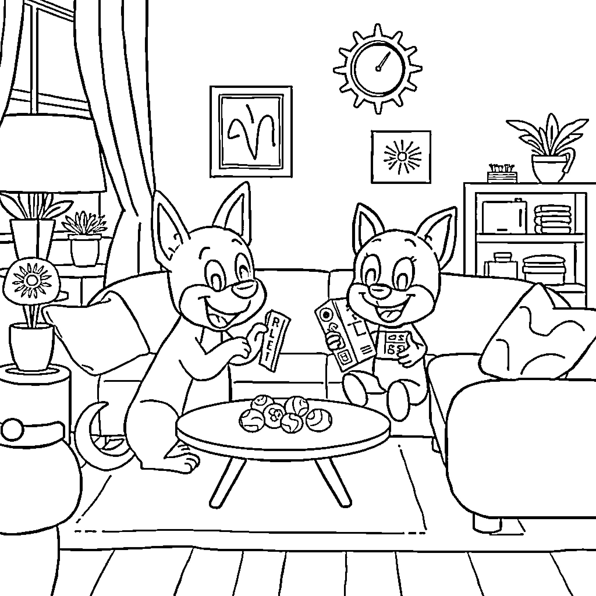 Bluey and Bingo playing video games indoors Coloring Page (free black-and-white line drawing printable PDF for all, from beginners to advanced learners, including children, teens, adults, and seniors)