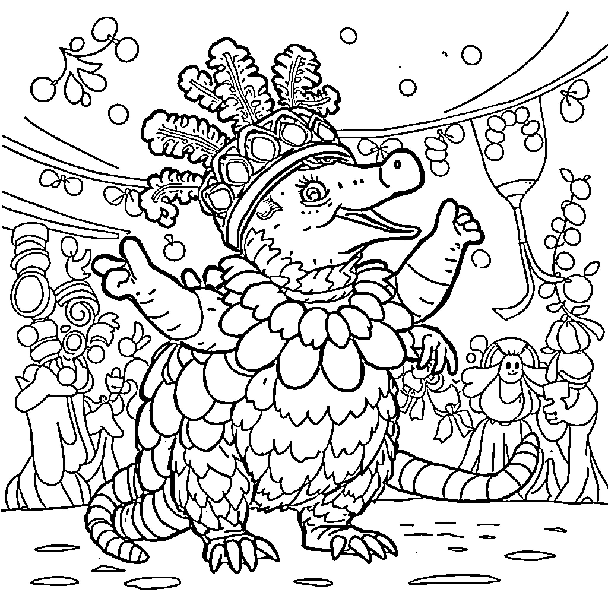 Pangolin wearing a celebratory crown in a festive setting Coloring Page (free black-and-white line drawing printable PDF for all, from beginners to advanced learners, including children, teens, adults, and seniors)