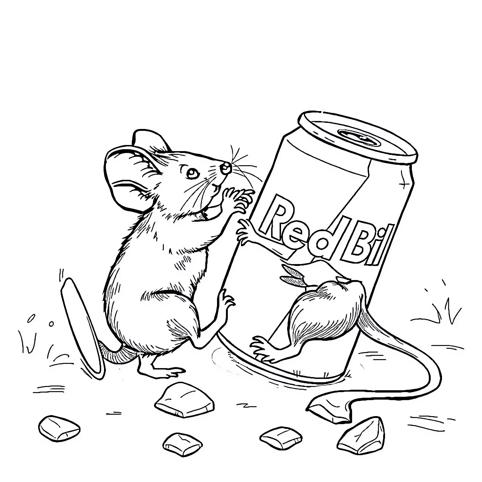 Mouse trying to open a soda can Coloring Page (free black-and-white line drawing printable PDF for all, from beginners to advanced learners, including children, teens, adults, and seniors)
