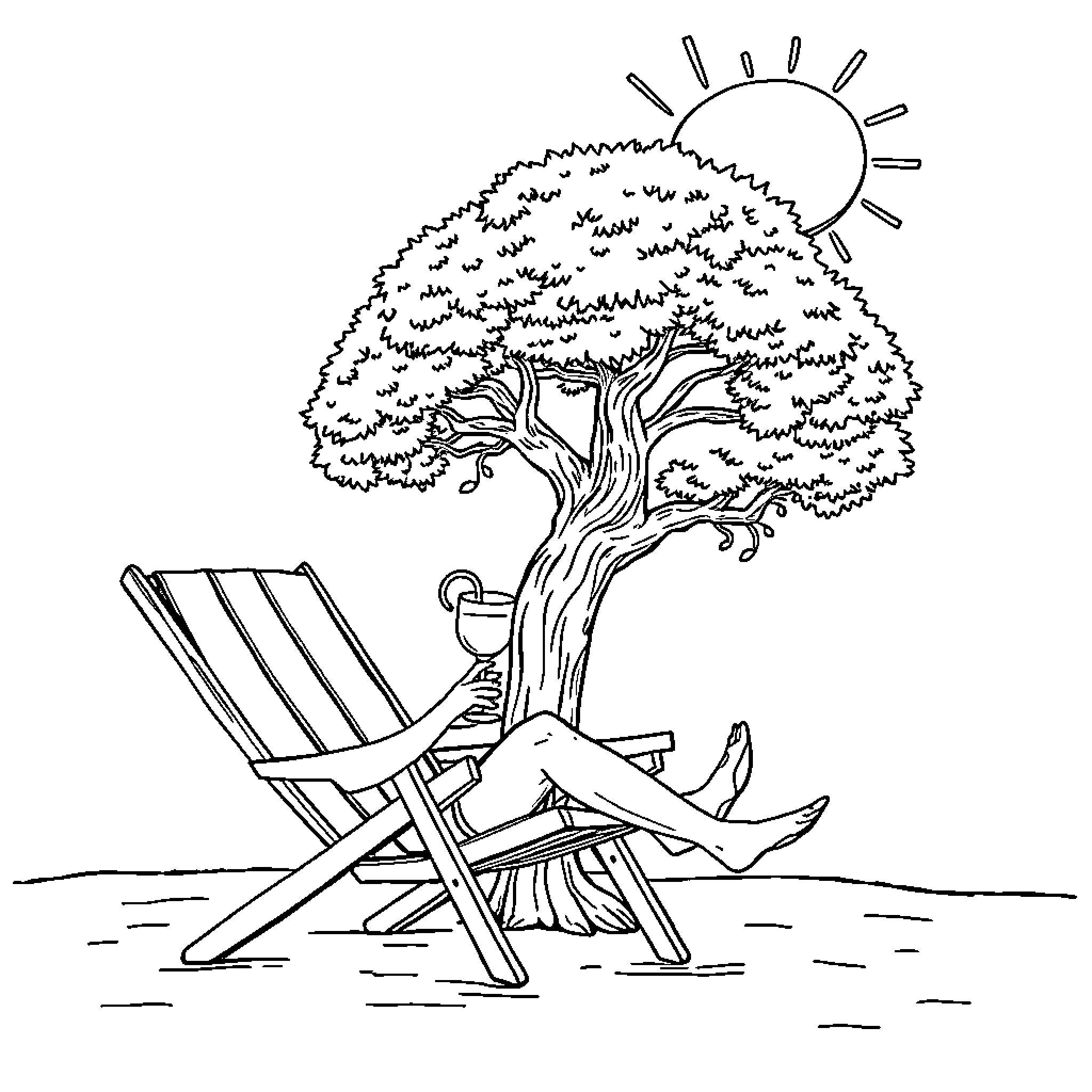 Tree Providing Shade for Resting Figure Coloring Page (free black-and-white line drawing printable PDF for all, from beginners to advanced learners, including children, teens, adults, and seniors)