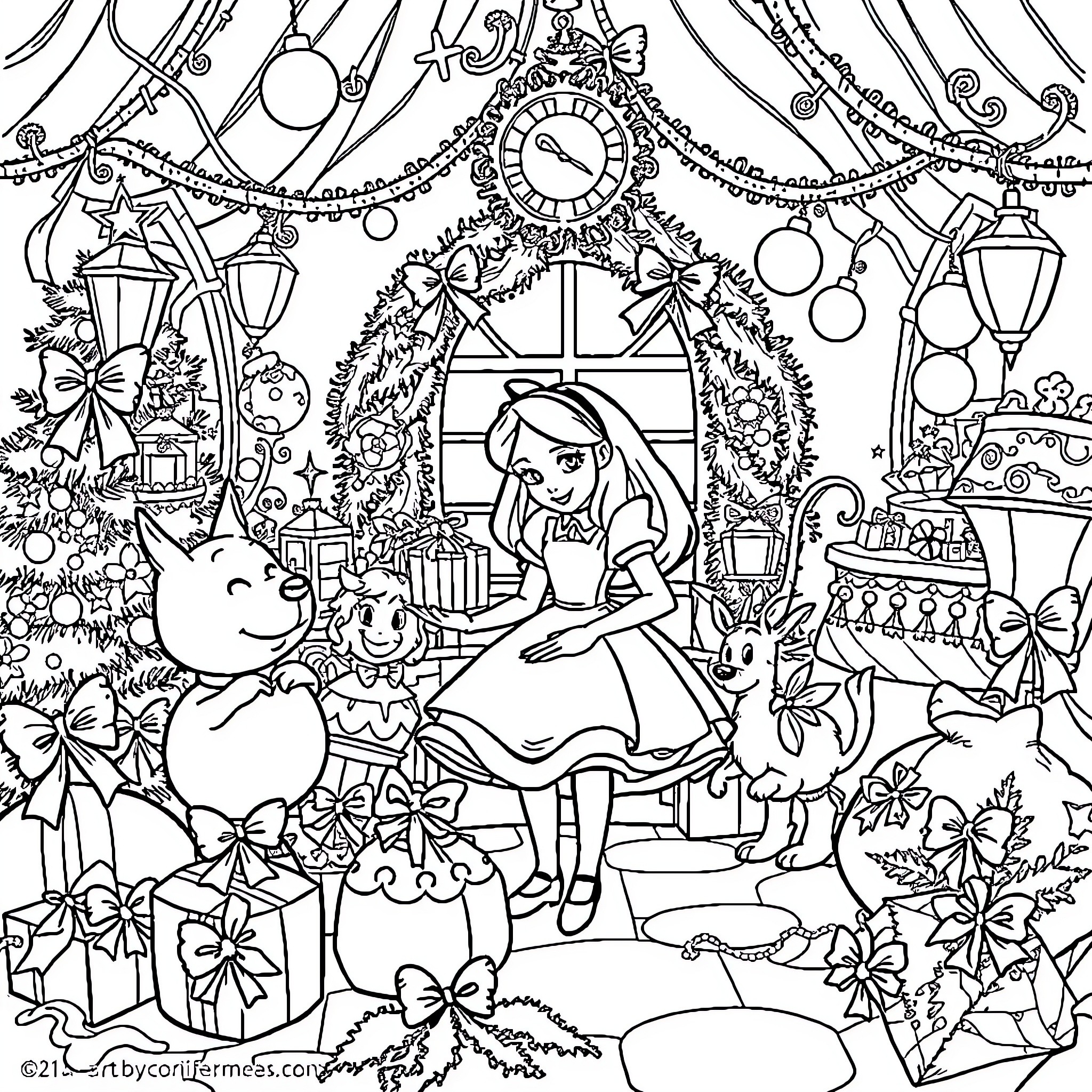 Alice's Whimsical Winter Wonderland Coloring Page (free black-and-white line drawing printable PDF for all, from beginners to advanced learners, including children, teens, adults, and seniors)