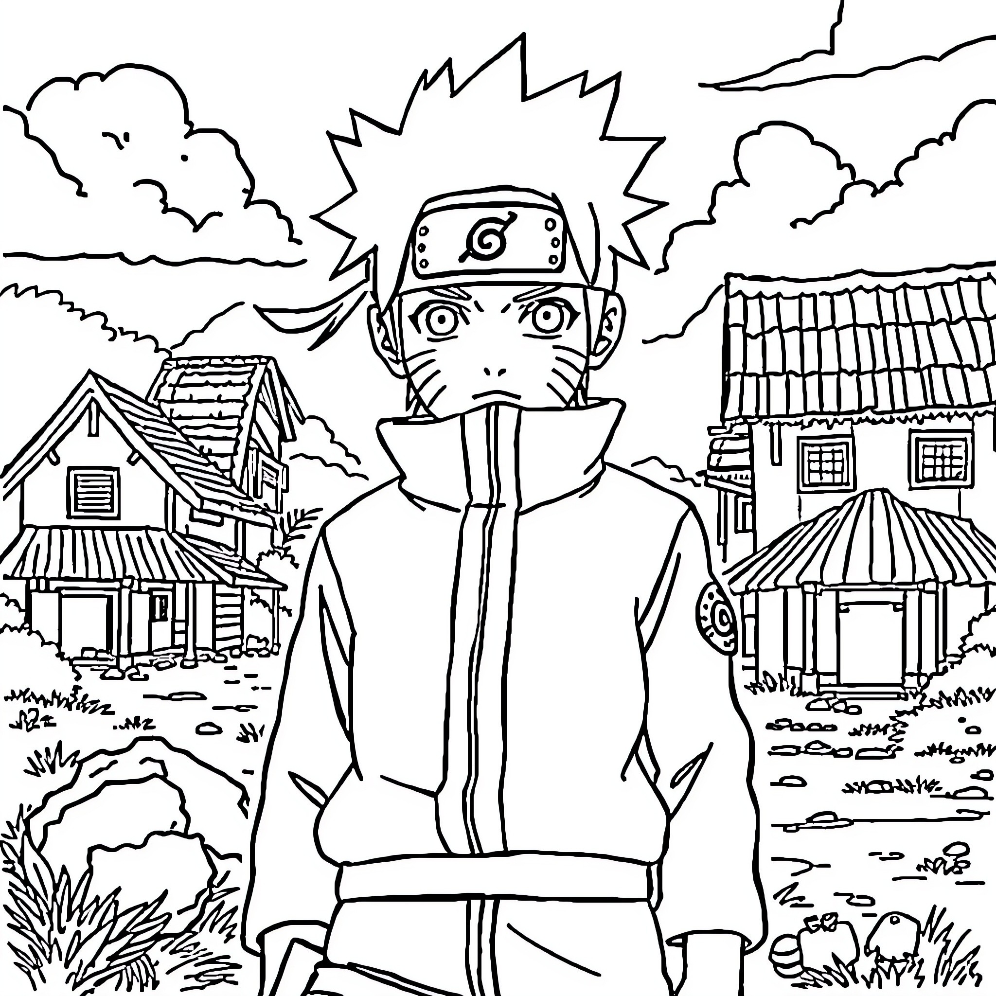 Naruto character in ninja outfit amid village scenery Coloring Page (free black-and-white line drawing printable PDF for all, from beginners to advanced learners, including children, teens, adults, and seniors)