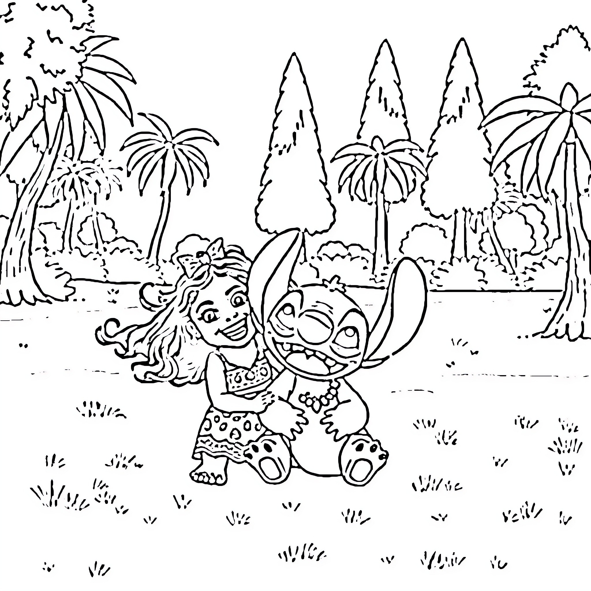 Moana and Stitch exploring the lush tropical landscape Coloring Page (free black-and-white line drawing printable PDF for all, from beginners to advanced learners, including children, teens, adults, and seniors)