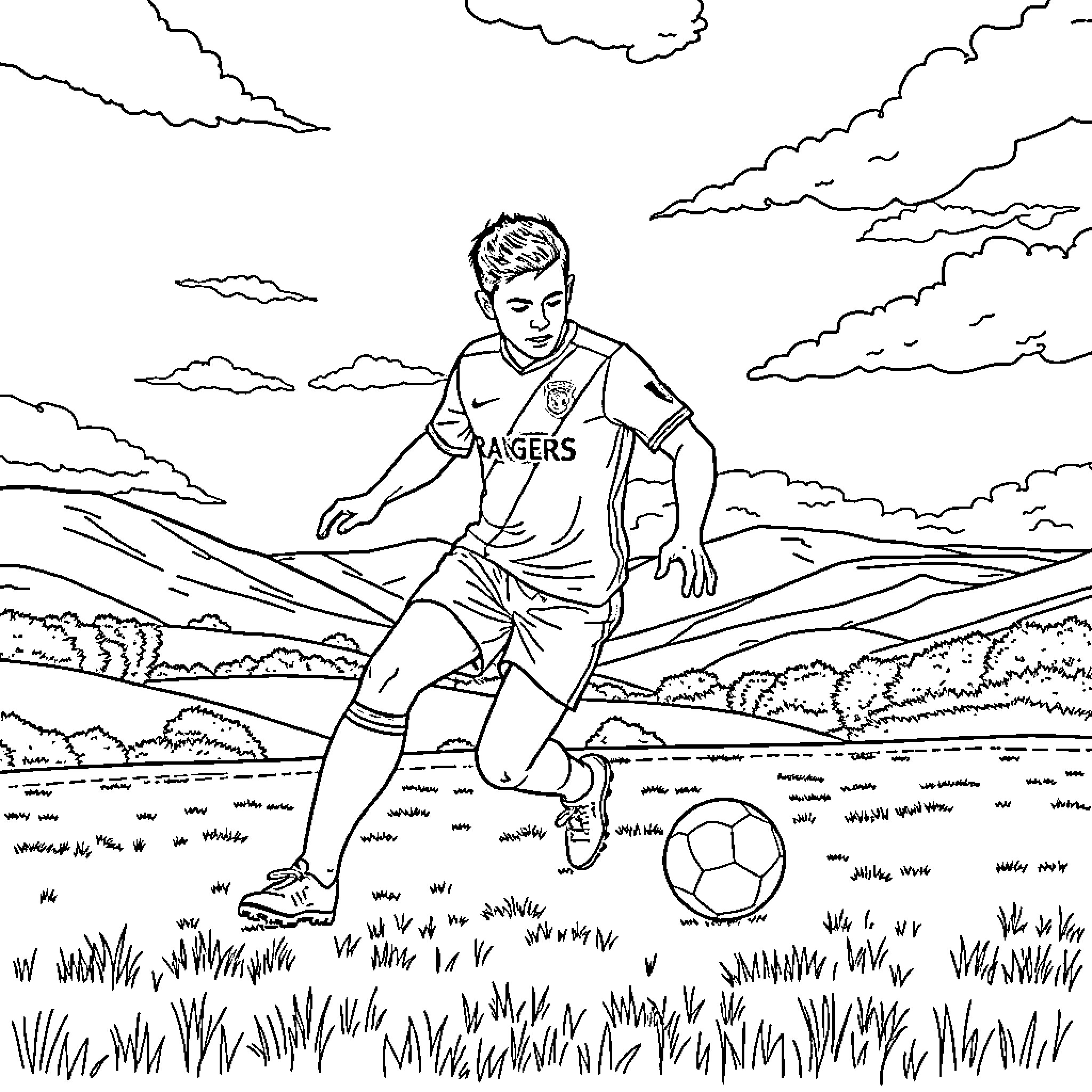 Davie Cooper playing soccer in a scenic landscape Coloring Page (free black-and-white line drawing printable PDF for all, from beginners to advanced learners, including children, teens, adults, and seniors)