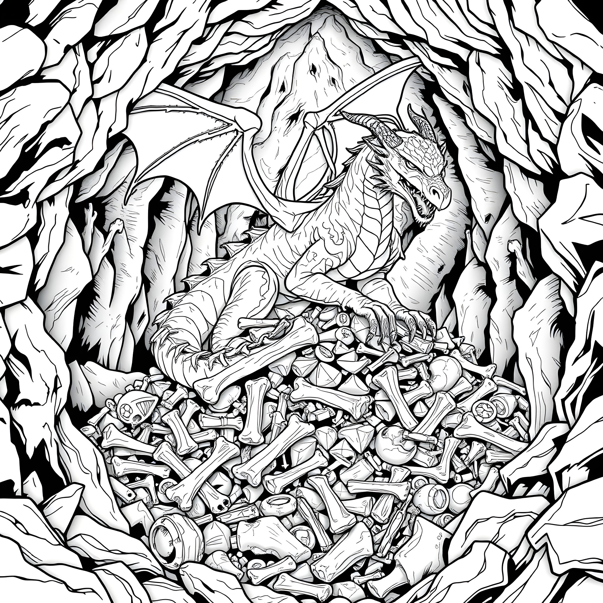 Dragon guarding a treasure trove in a cave Coloring Page (free black-and-white line drawing printable PDF for all, from beginners to advanced learners, including children, teens, adults, and seniors)