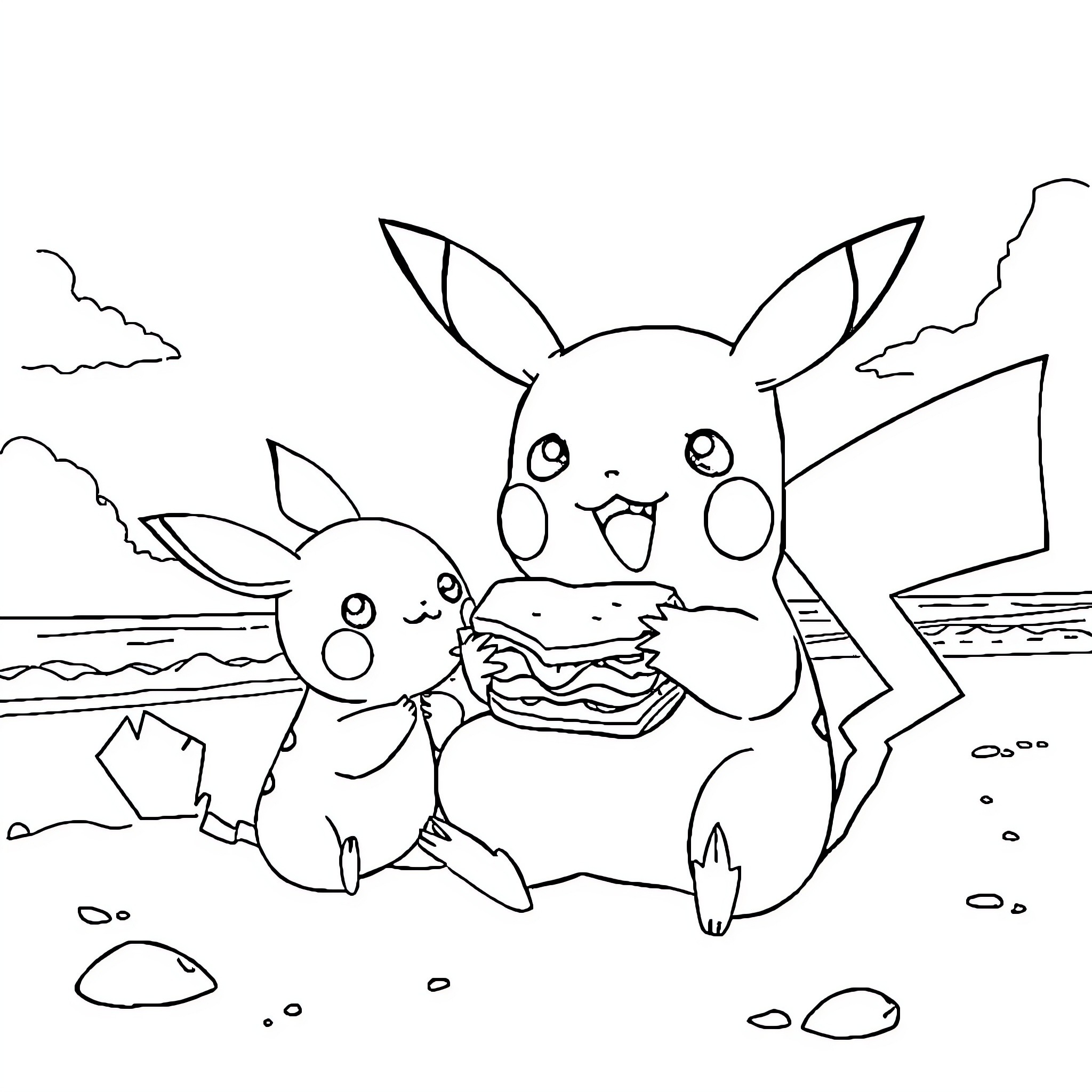 Pikachu enjoying a snack on the beach Coloring Page (free black-and-white line drawing printable PDF for all, from beginners to advanced learners, including children, teens, adults, and seniors)