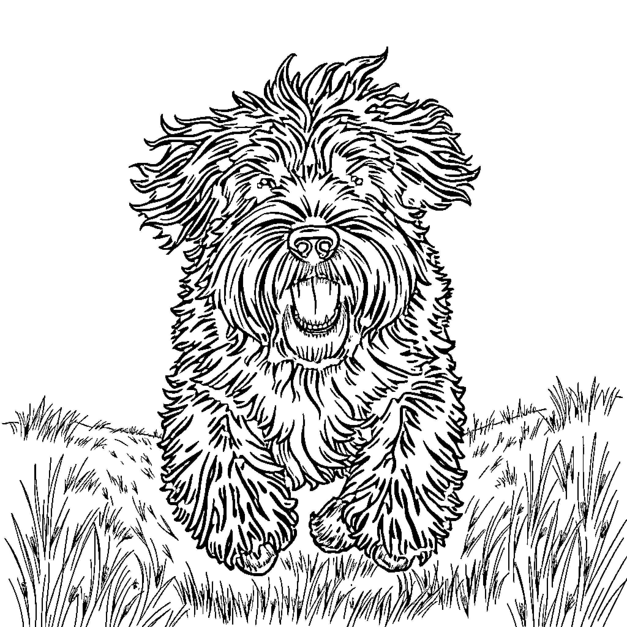 Briard dog playing happily in the grass Coloring Page (free black-and-white line drawing printable PDF for all, from beginners to advanced learners, including children, teens, adults, and seniors)