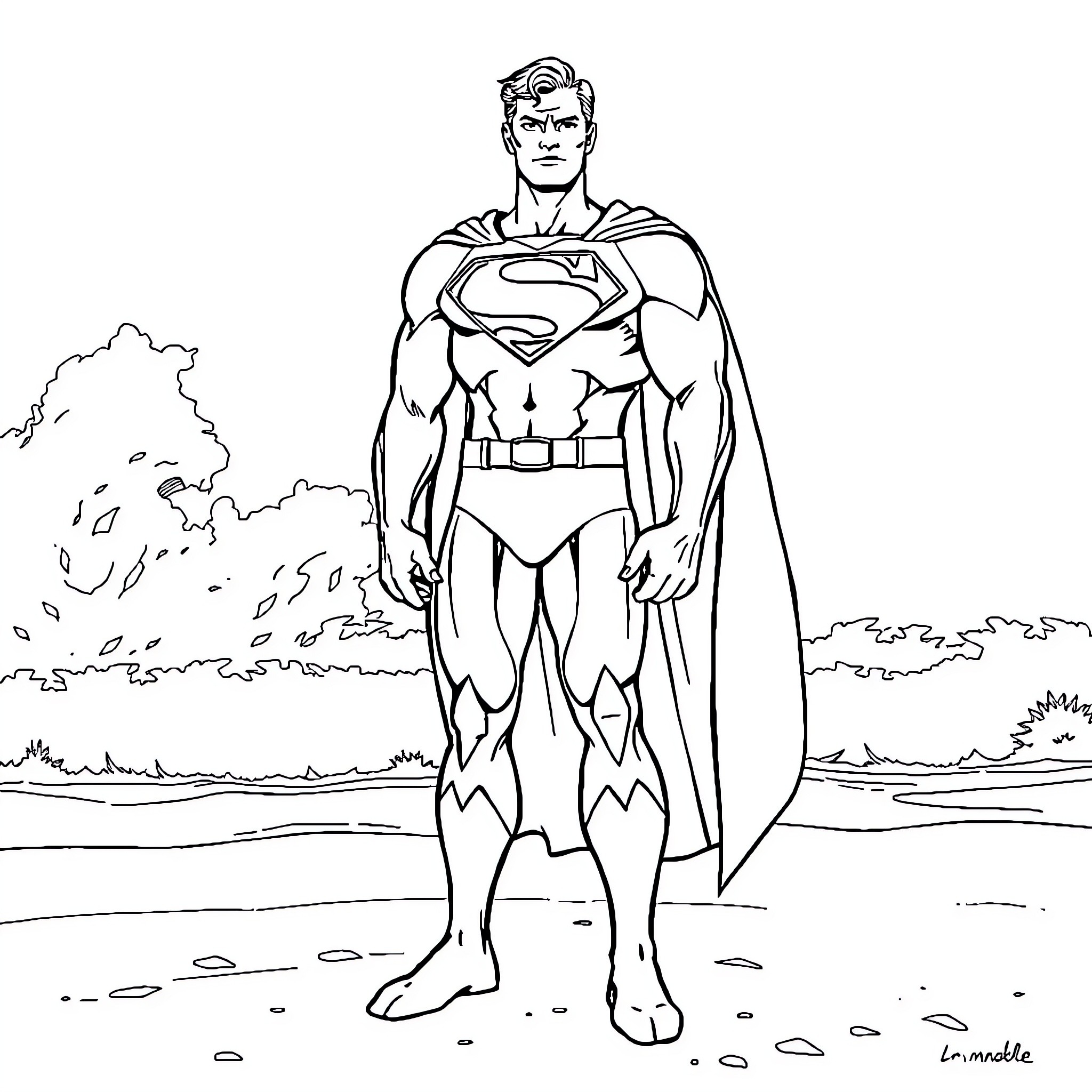 Superman heroically standing in the countryside Coloring Page (free black-and-white line drawing printable PDF for all, from beginners to advanced learners, including children, teens, adults, and seniors)