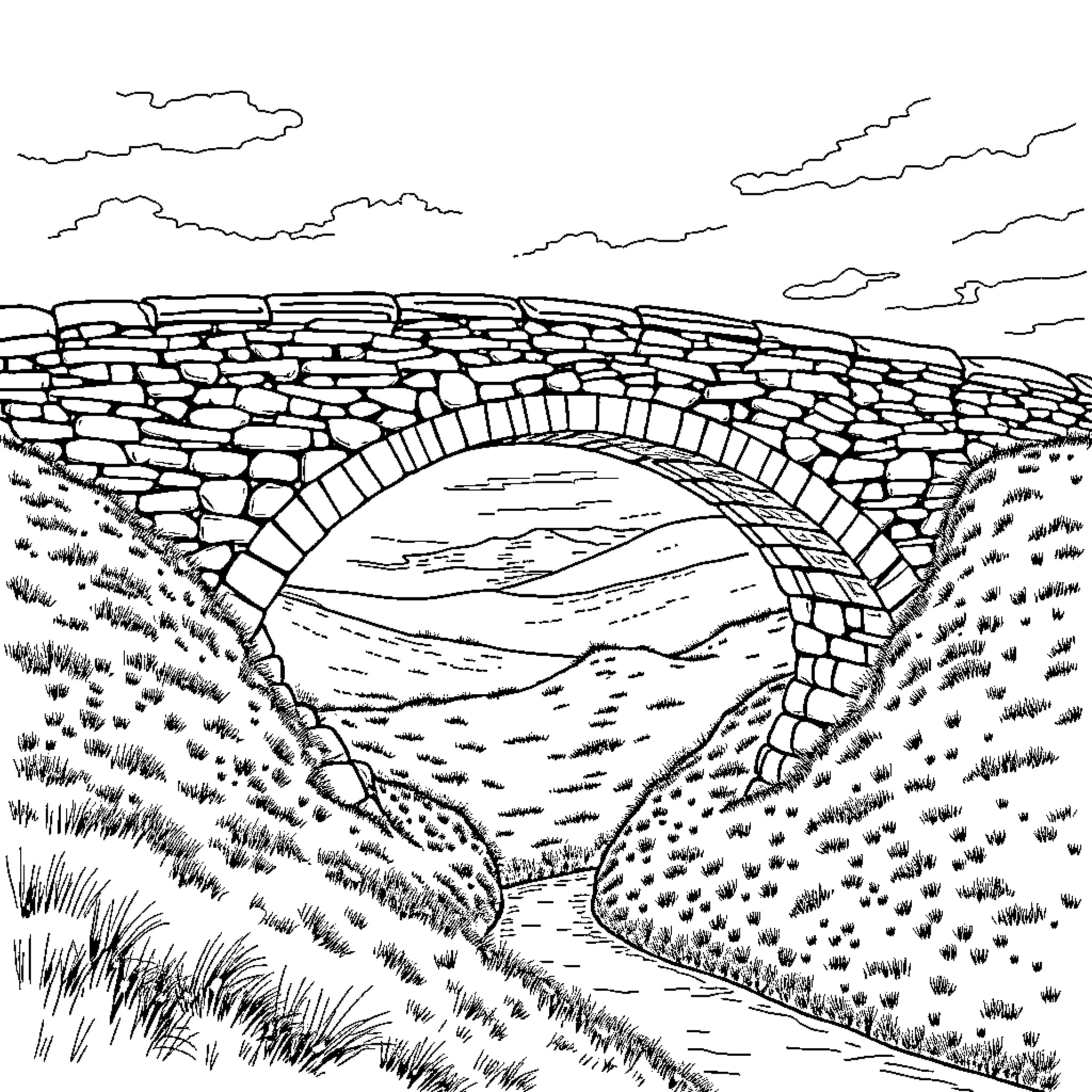 Bridge Over Picturesque Countryside Landscape Coloring Page (free black-and-white line drawing printable PDF for all, from beginners to advanced learners, including children, teens, adults, and seniors)