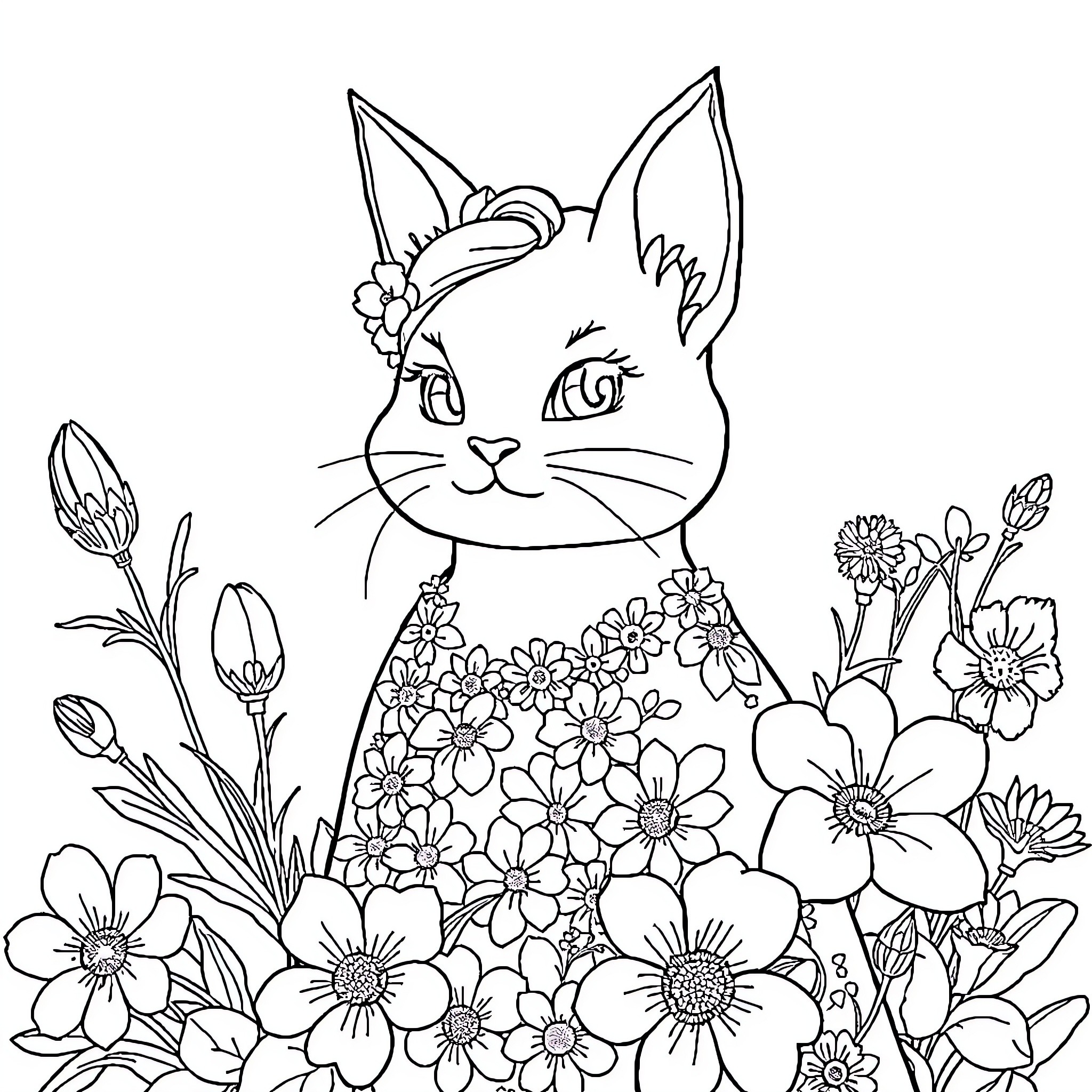 Fetiță interacționând jucăuș cu flori și animale Coloring Page (free black-and-white line drawing printable PDF for all, from beginners to advanced learners, including children, teens, adults, and seniors)