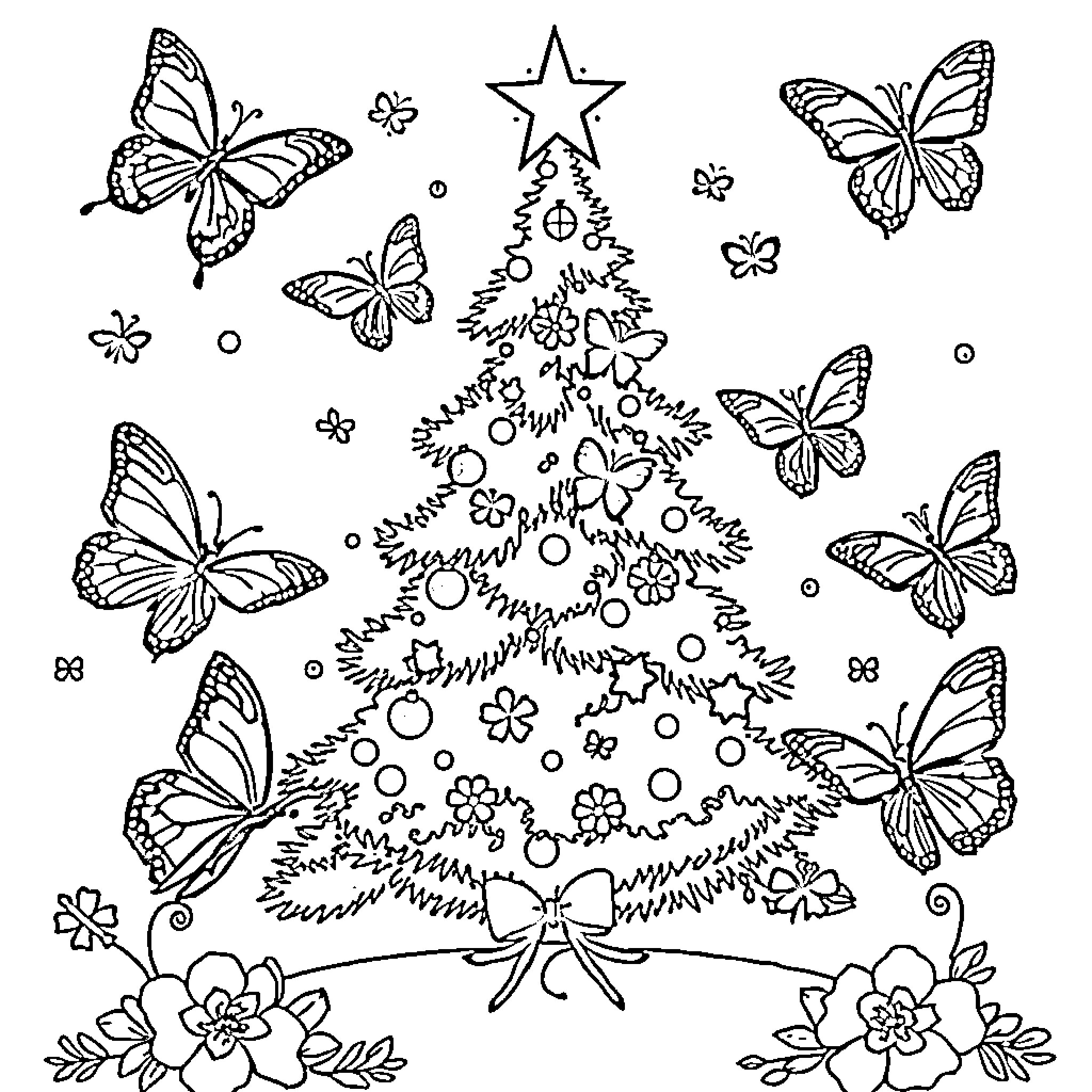 Butterfly Christmas Tree with Fluttering Butterflies Coloring Page (free black-and-white line drawing printable PDF for all, from beginners to advanced learners, including children, teens, adults, and seniors)